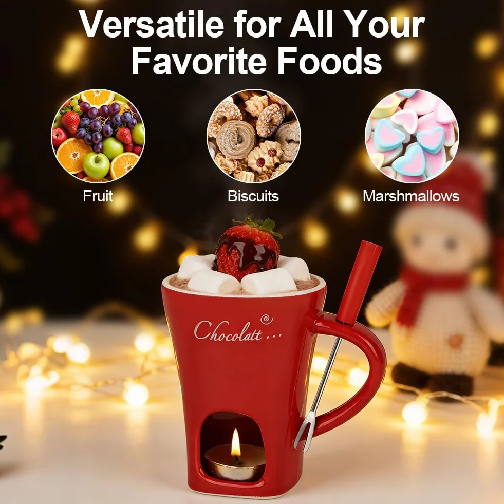 Vicloon Kubek do czekoladowego fondue z widelcami, kubek do topienia czekolady, podgrzewacz sera, ceramiczne kubki do topienia masła, osobisty zestaw do fondue do domu, czerwony