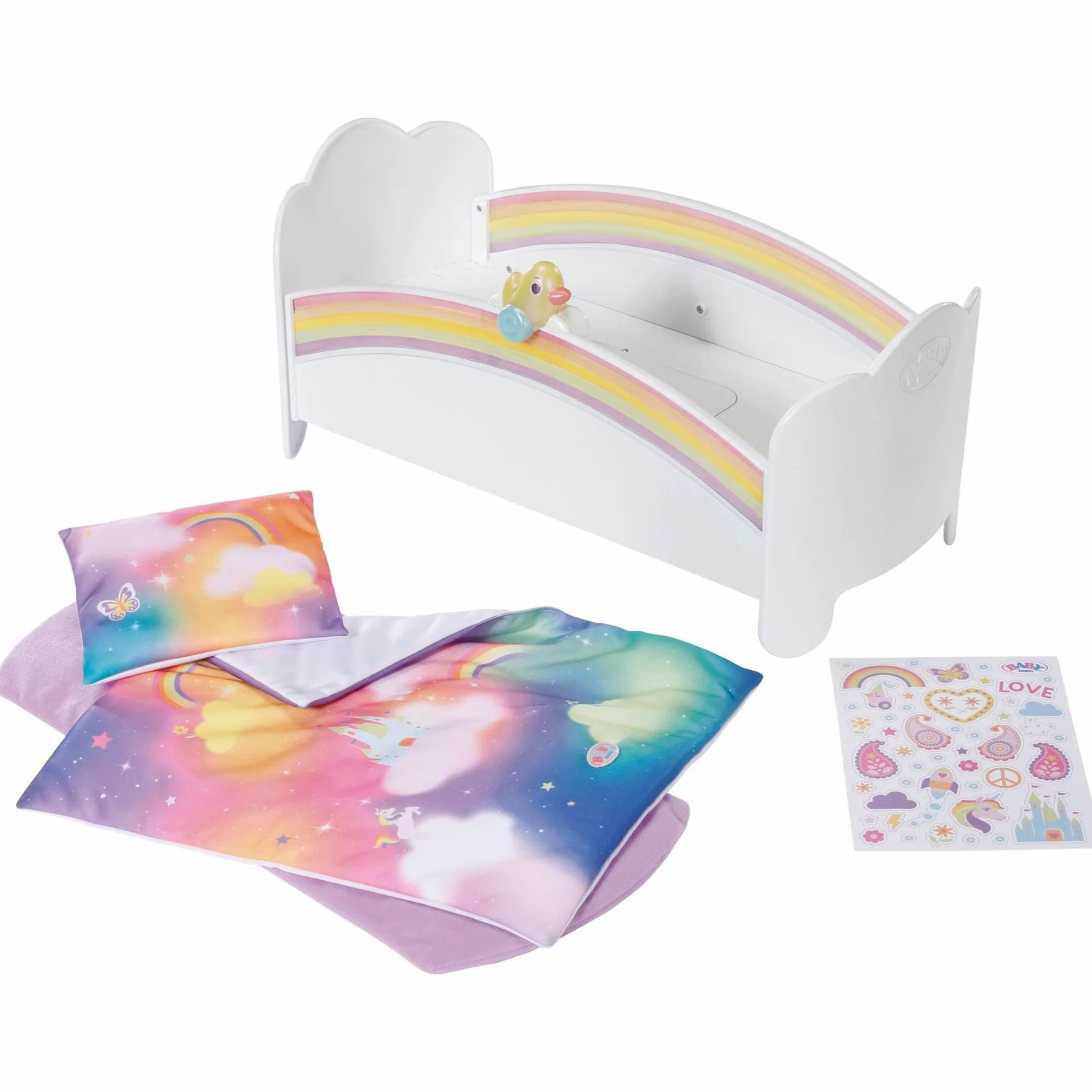 BABY born Rainbow Bed - Łóżko dla lalek z tęczowym światłem i melodią do zasypiania - Akcesoria dla lalek z odwracalną pościelą i naklejkami - dla dzieci od 3 lat