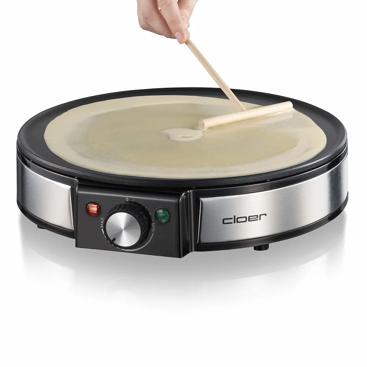 Cloer 6630 Naleśnikarka na słodkie lub słone naleśniki o średnicy 30 cm Ø, 1200 W, Powłoka nieprzywierająca, w zestawie Crêpes Turner i Rozrzutnik ciasta, czarny