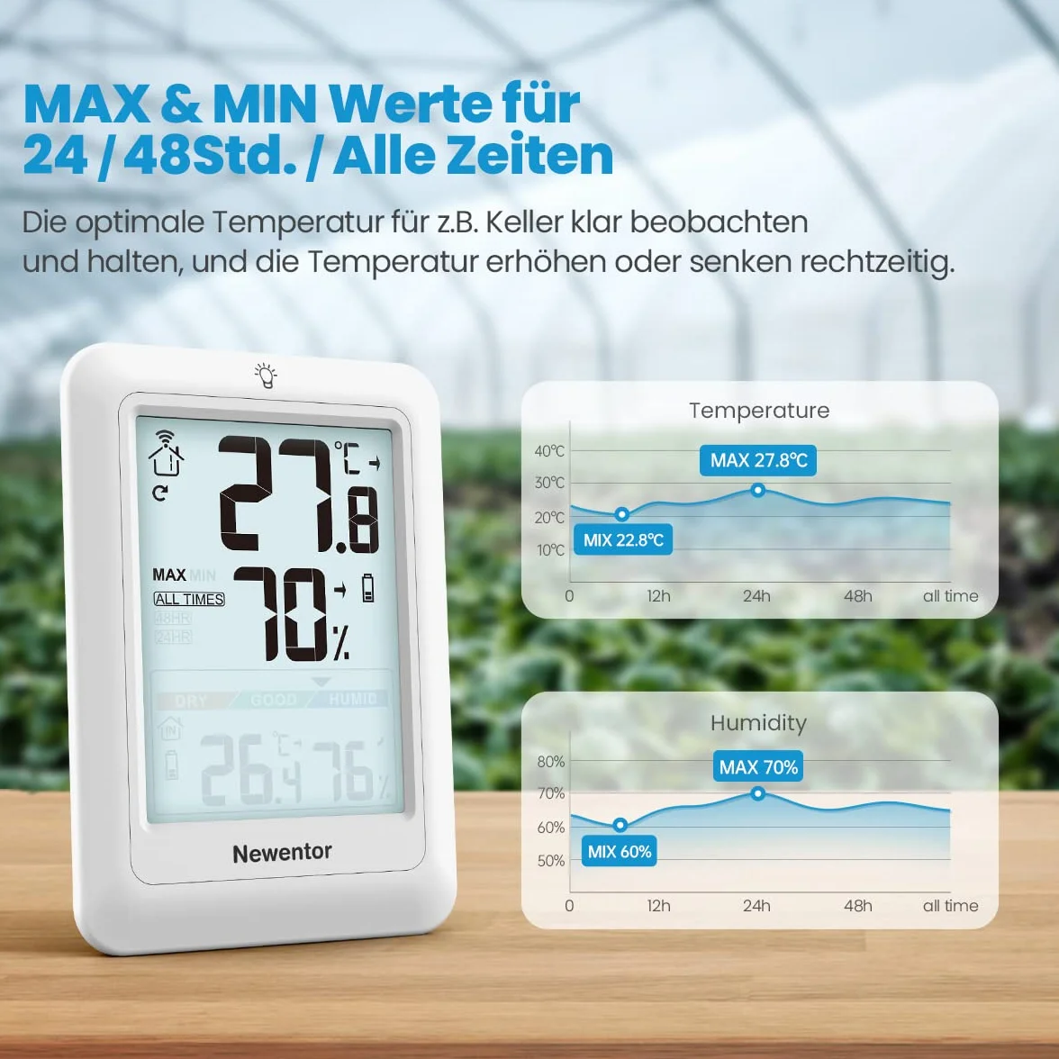 Newentor MAX MIN termometr do użytku wewnątrz i na zewnątrz, 24/48 godz., higrometr, miernik wilgotności powietrza z komfortem powietrza, stacja pogodowa radiowa z 3 czujnikami zewnętrznymi, termometr