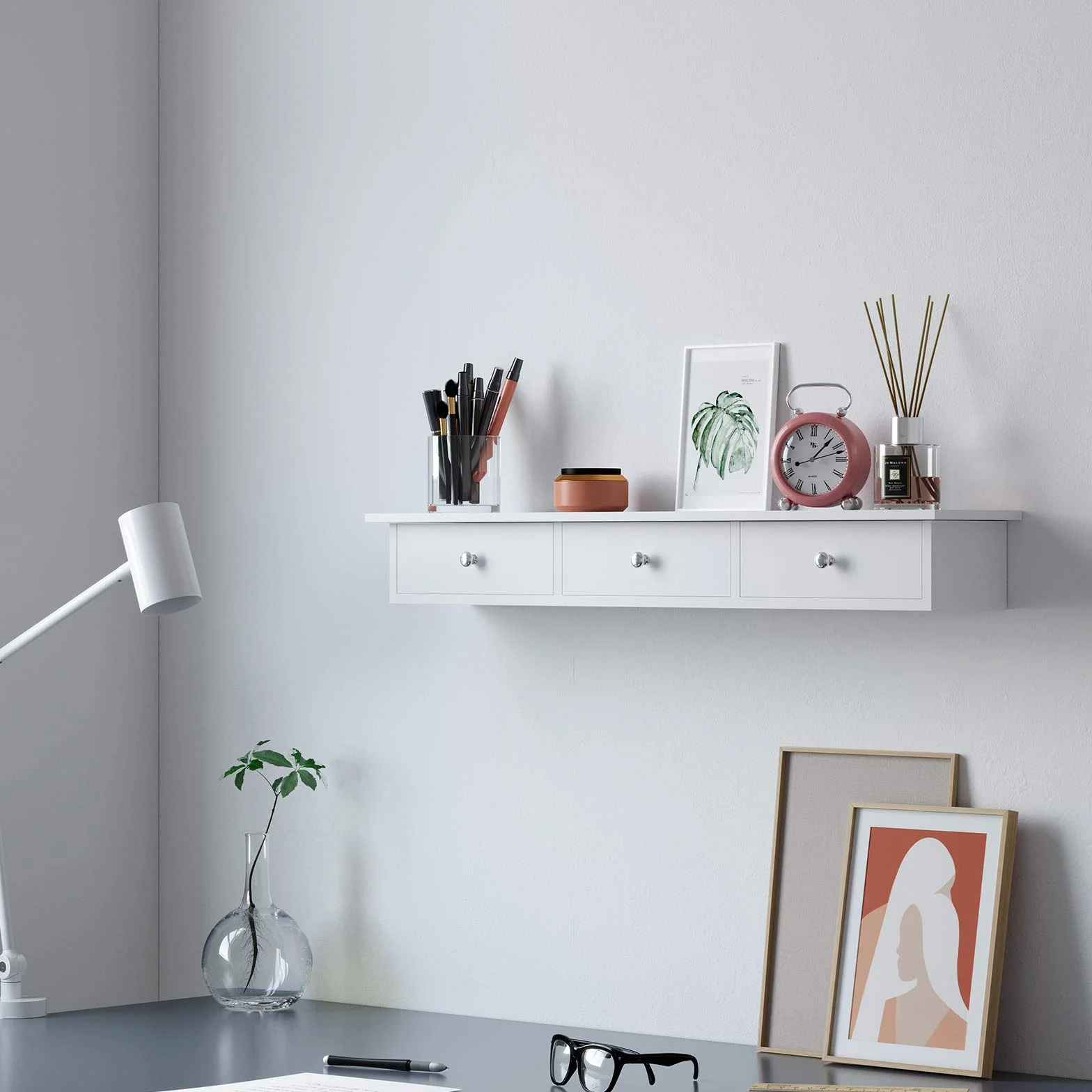 SONGMICS Regał ścienny z 3 szufladami, szafka ścienna, 80 x 15 x 10 cm, do korytarza, salonu, sypialni, kuchni, malowania o wysokim połysku, biały LWS085W01