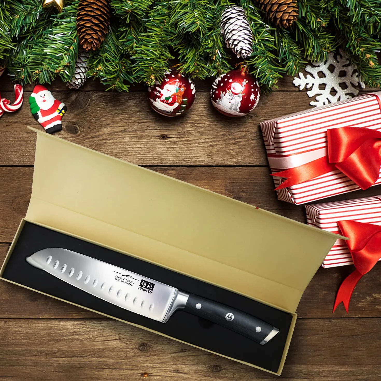SHAN ZU nóż Santoku 18 cm niemieckie noże ze stali nierdzewnej o wysokiej zawartości węgla - seria klasyczna…