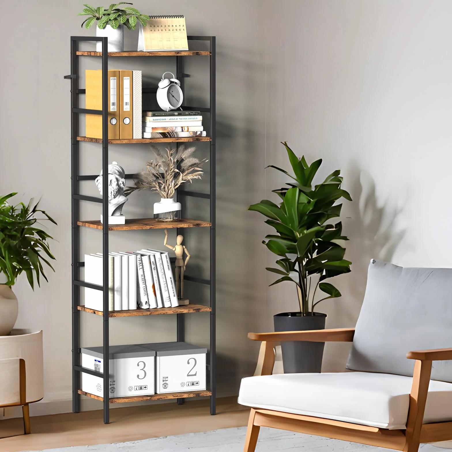 CADUKE 5-poziomowa półka na książki, rustykalny brązowo-czarny regał, drewniana i metalowa rama, duża biblioteczka do salonu, sypialni, biura, otwarta półka, industrialny design