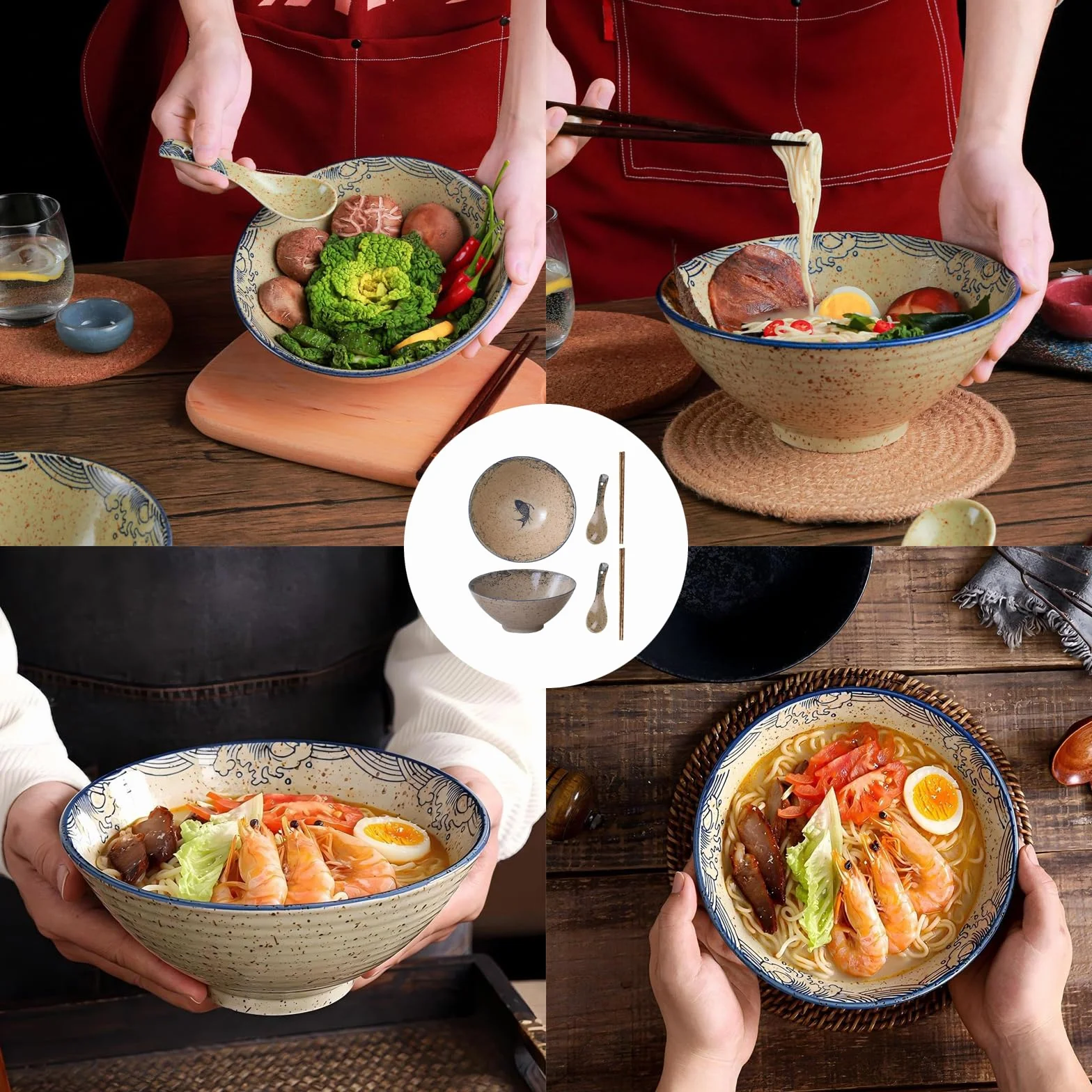 2 zestawy ceramiczna miska na ramen 1200 ml, zestaw misek ramenowych 1200 ml, duża japońska miska na zupę z makaronem, z pałeczkami i łyżką, do zupy ramenowej, makaronu, Macedonii, ryżu