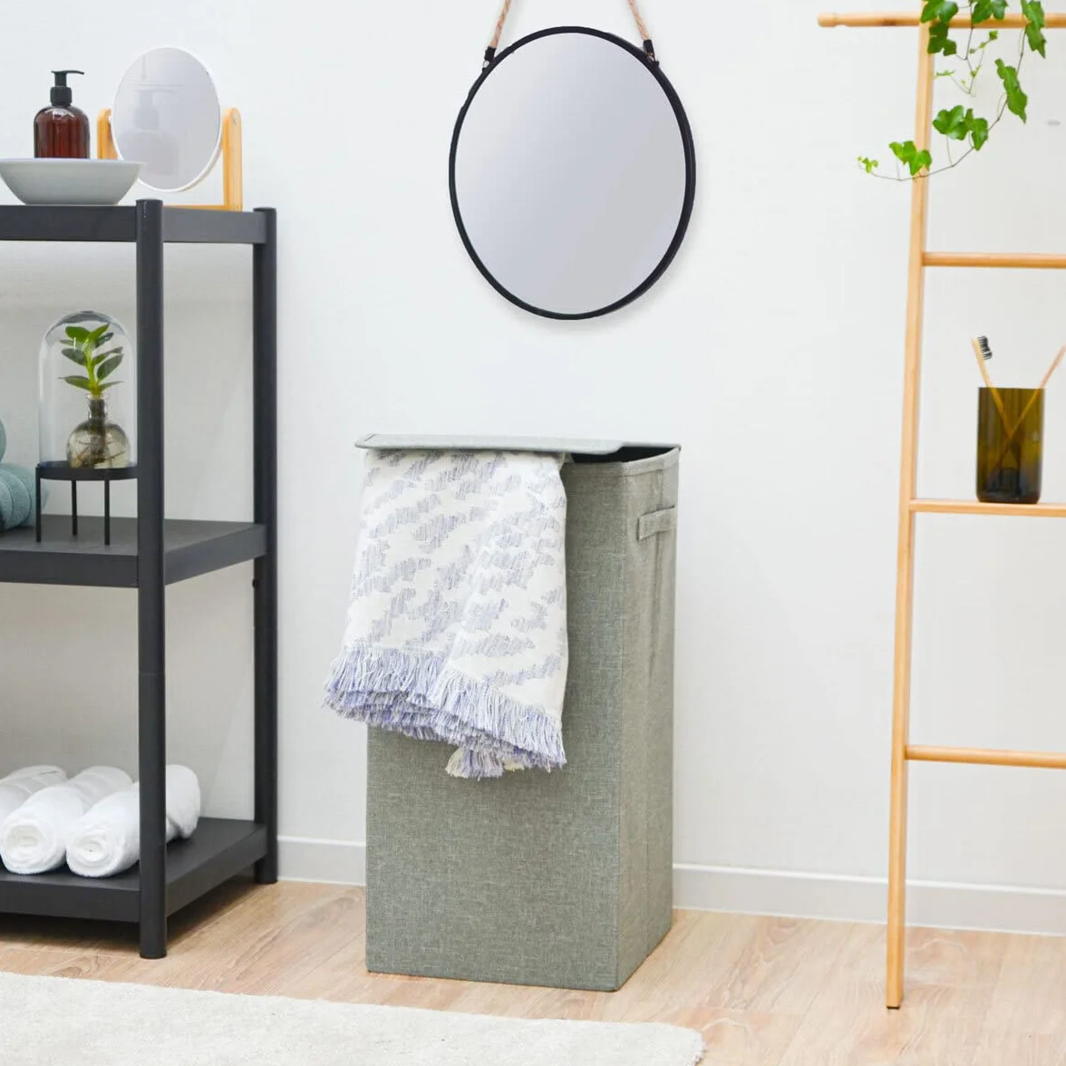 DuneDesign Kosz na pranie z pokrywką, 50 l, 30 x 30 x 60 cm, szary, ze stabilną ramą drewnianą, składany pojemnik na pranie do łazienki i sypialni, wąski kosz na pranie z pokrywką