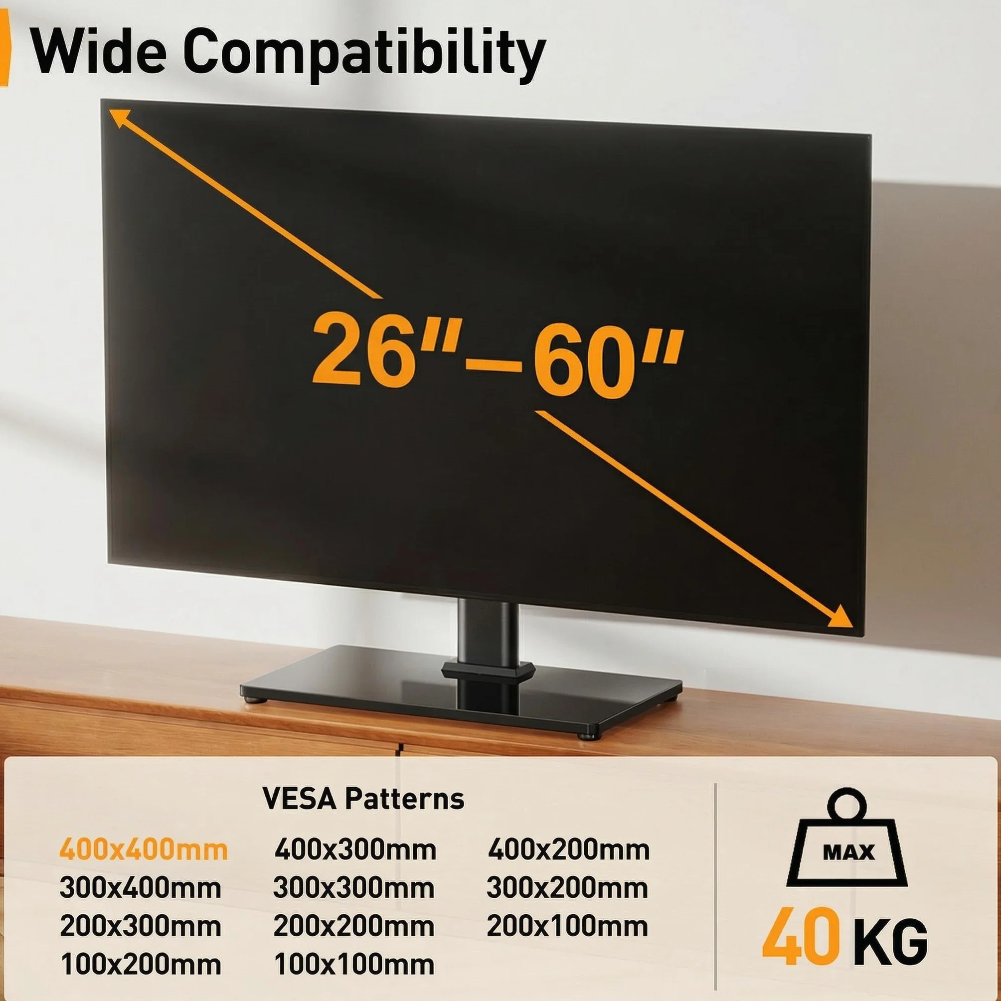 Stojak na telewizory 32-60 cali - Obrotowy uchwyt TV o regulowanej wysokości z podstawą ze szkła hartowanego, maksymalna VESA 400x400 mm, pojemność 40 kg