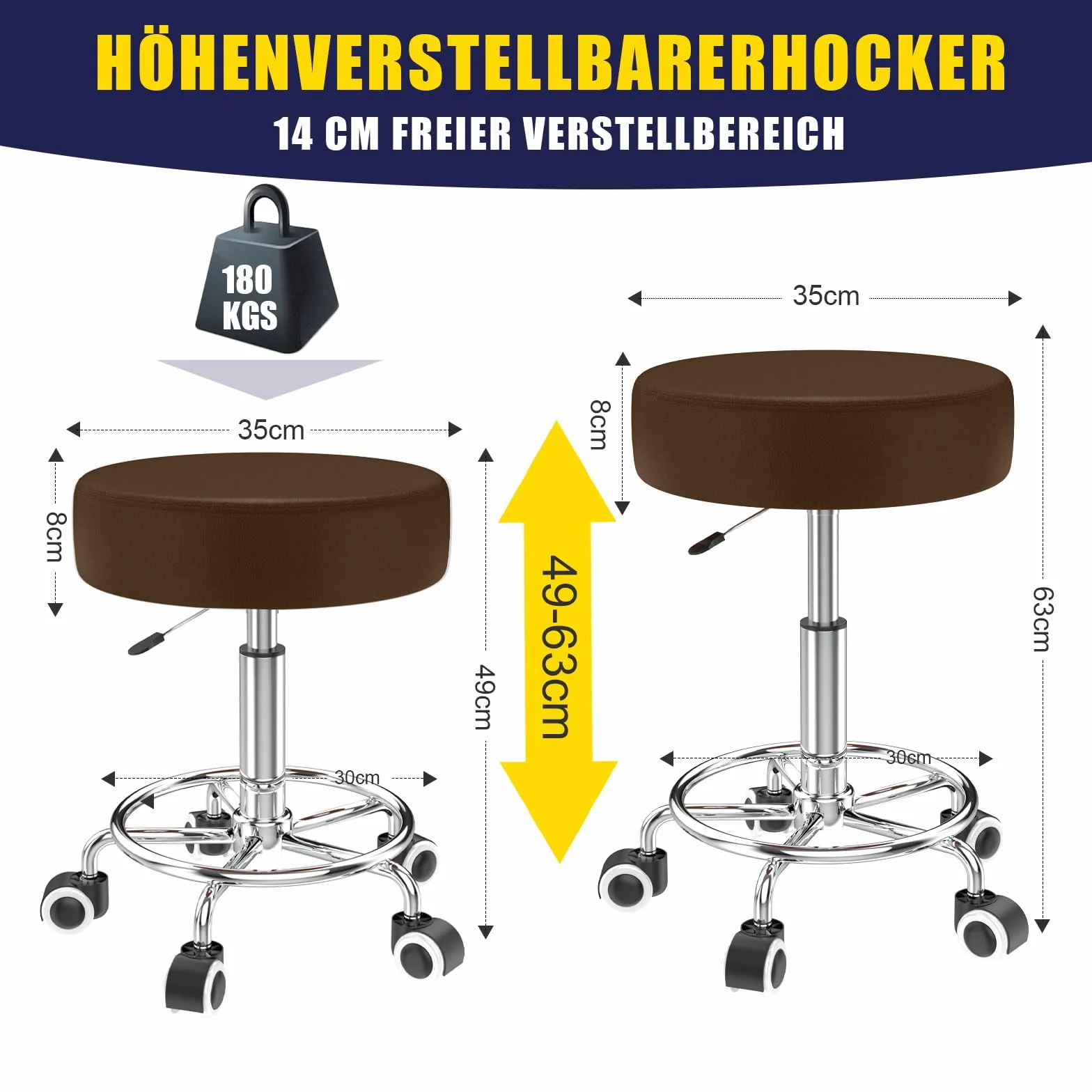 Taboret obrotowy z regulacją wysokości 43-57 cm na kółkach z podnóżkiem, skóra PU