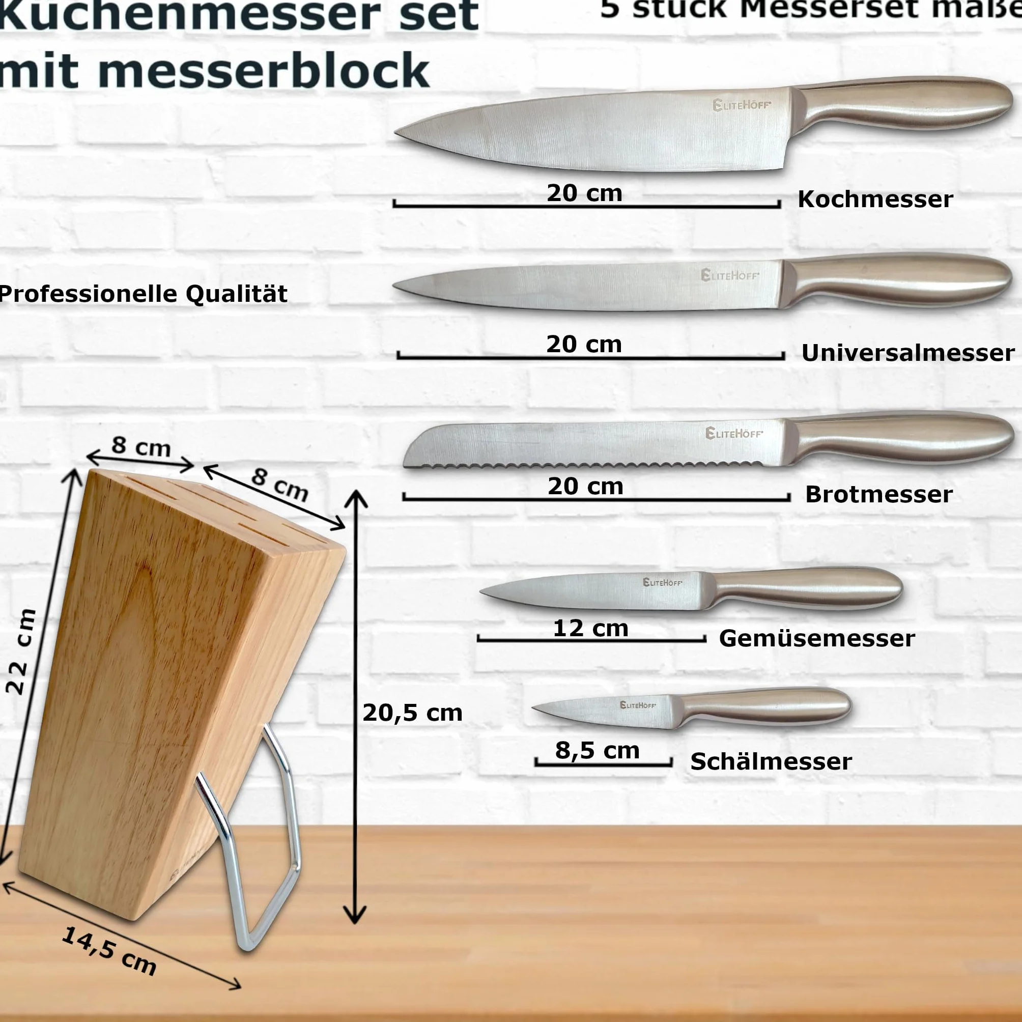 EliteHoff Zestaw Noży Kuchennych w Bloku 5-Częściowy Stal Nierdzewna Drewniany Blok