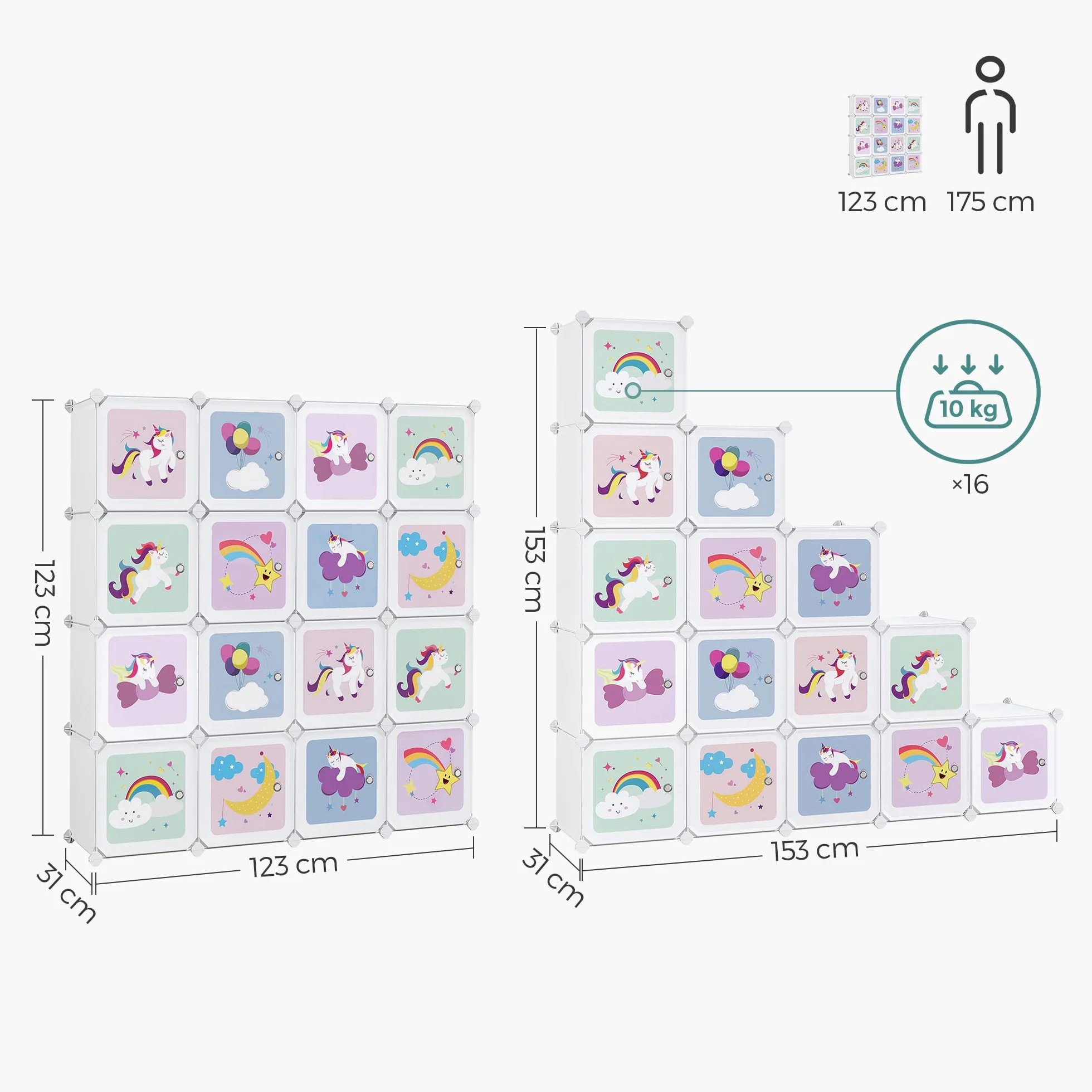 SONGMICS LPC906W01 System regałowy z 16 kostkami, szafa do przechowywania dla dzieci, szafa na ubrania i buty z drzwiami, z tworzywa sztucznego, regał wtykowy, uniwersalny, 123 x 31 x 123 cm, biały