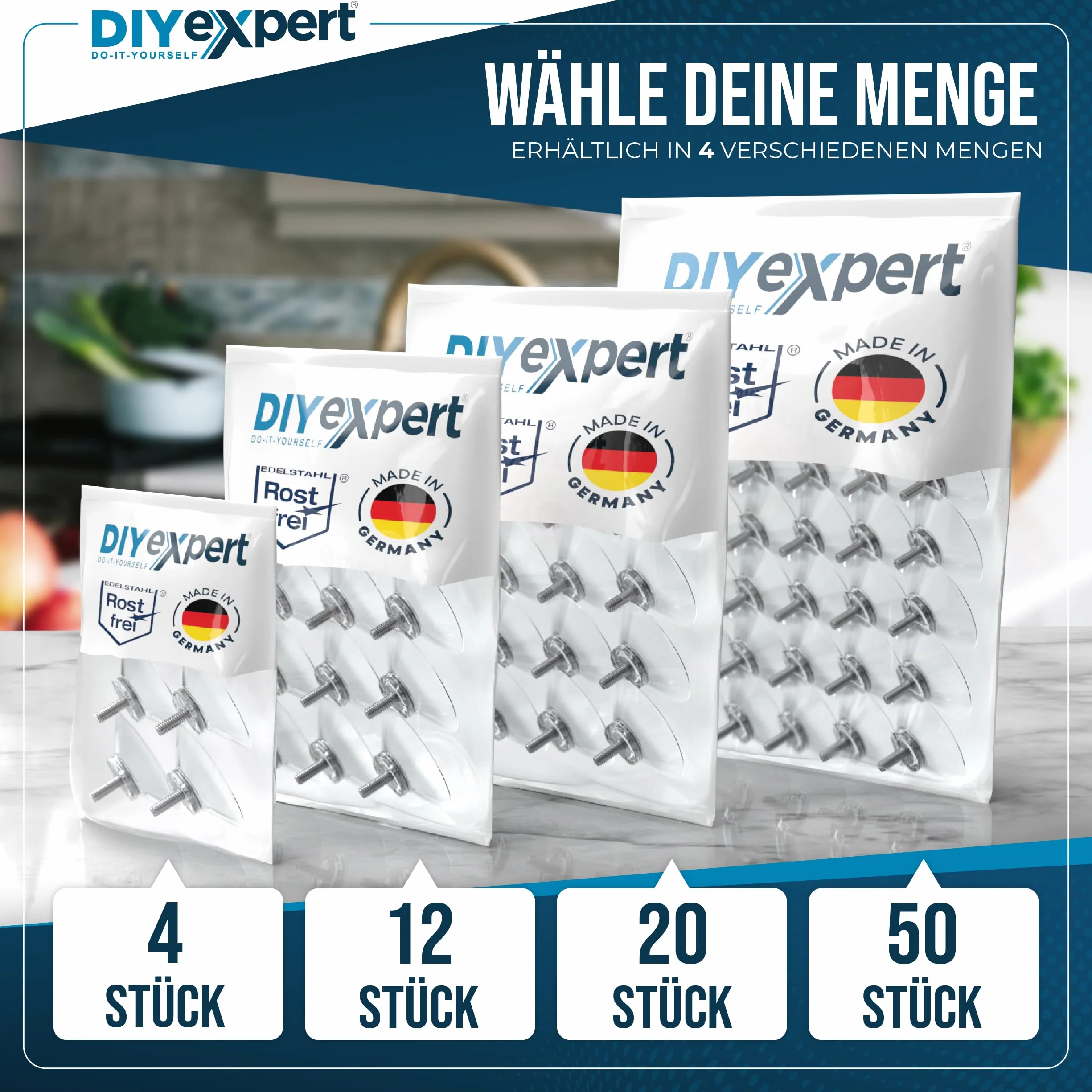 DIYexpert® 4 x przyssawka Ø 50 mm, z gwintem M4 x 10 mm, w zestawie nakrętki radełkowane przezroczyste - wyprodukowano w Niemczech