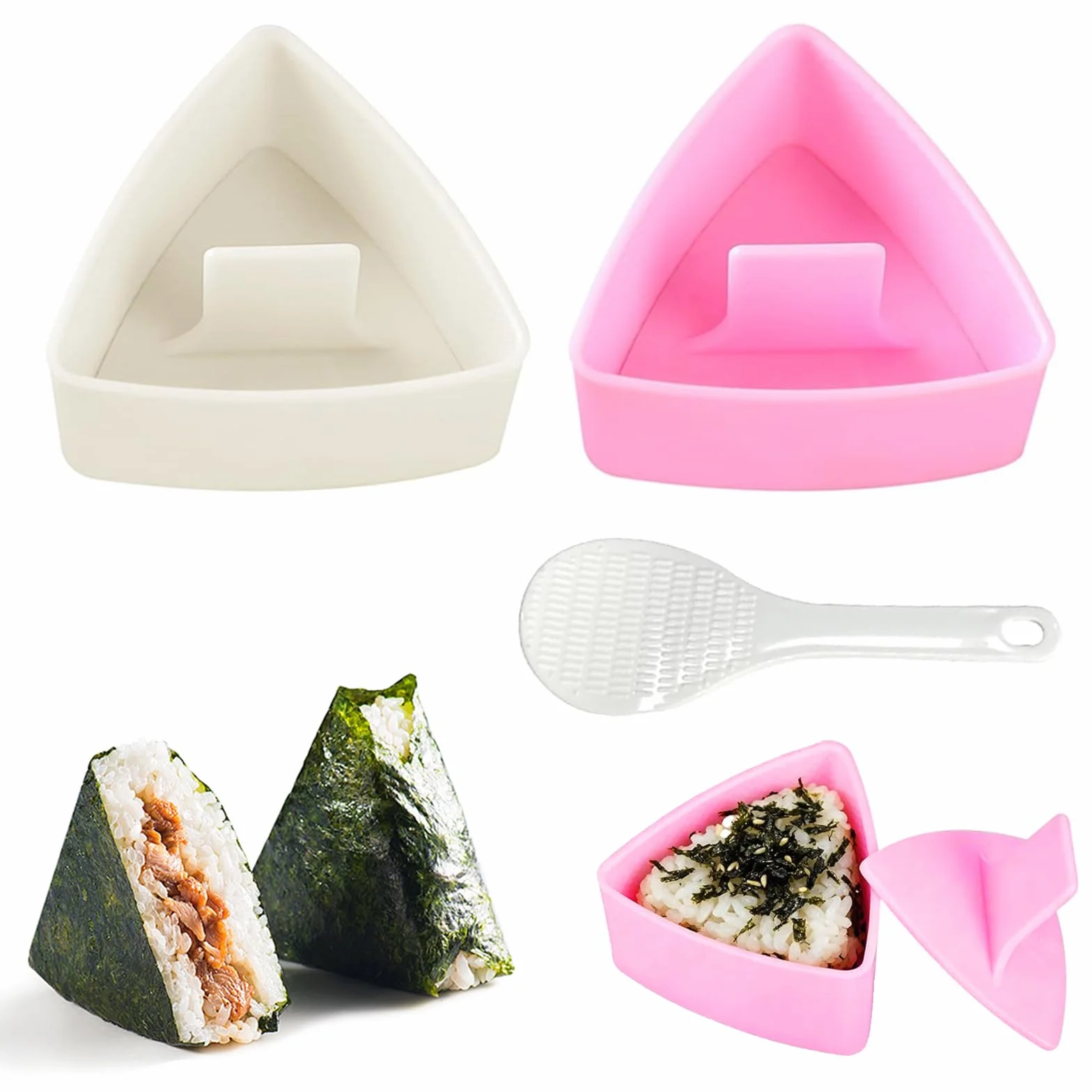 2 sztuki Forma do Onigiri trójkątna, bez BPA, Foremka do Onigiri z łyżką do ryżu, wielokrotnego użytku, Foremka do kulek ryżowych/prasa do formowania dla kuchni rodzinnej DIY Sushi
