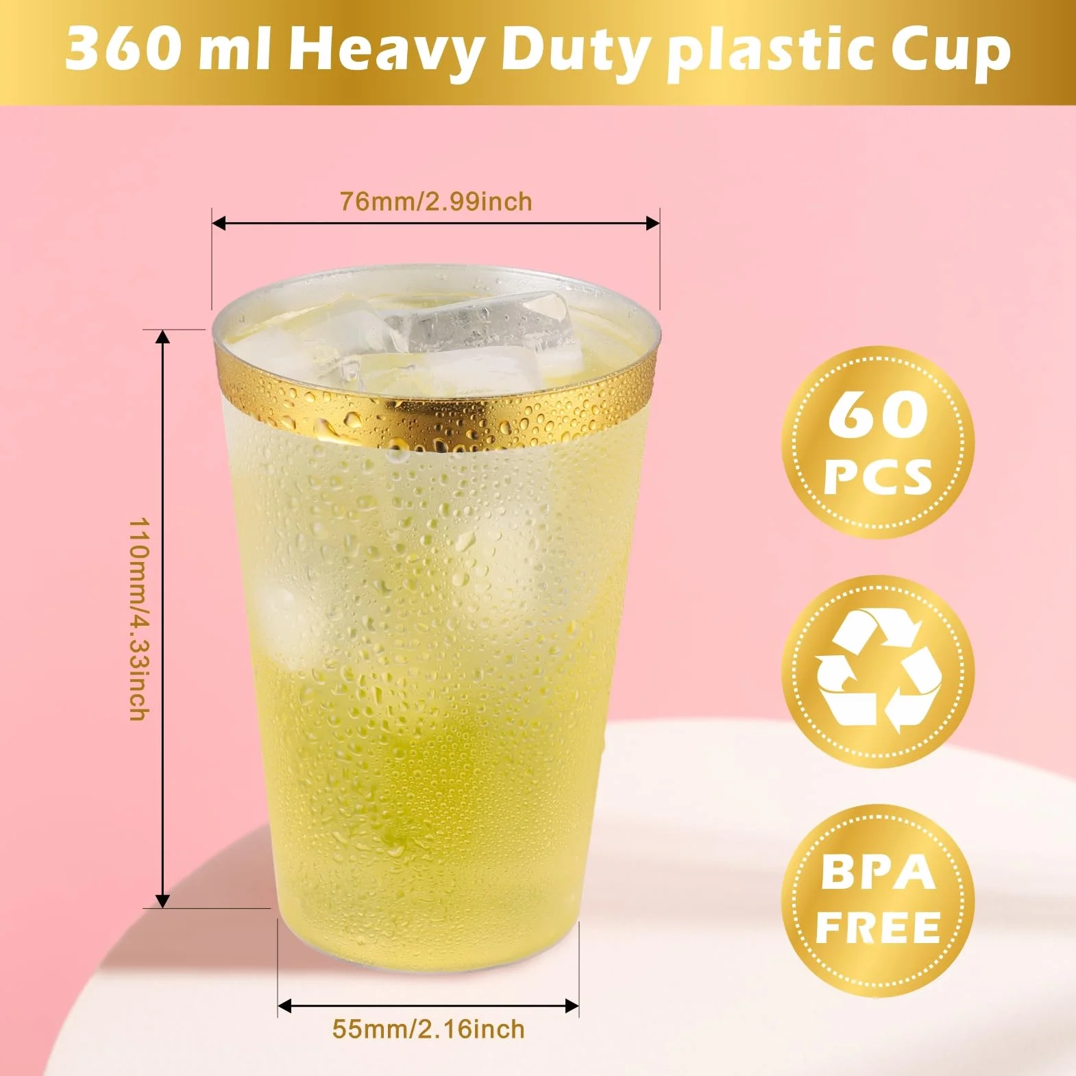 Plastikowe kieliszki do wina wielokrotnego użytku 360 ml złote oprawki 60 szt.