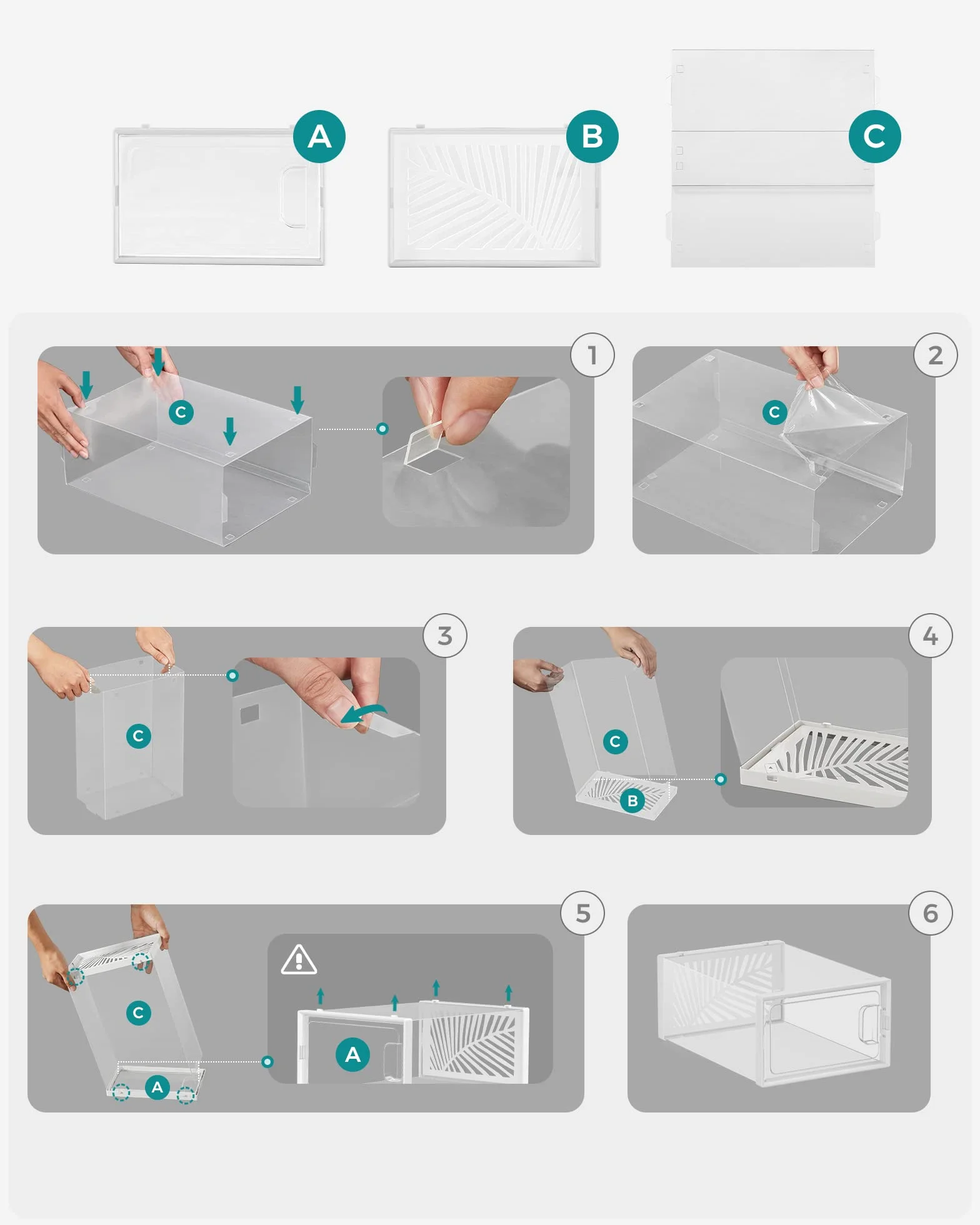 SONGMICS Organizer na Buty, Zestaw 12 Pudełek, Składany Transparentny Biały, LSP106W12