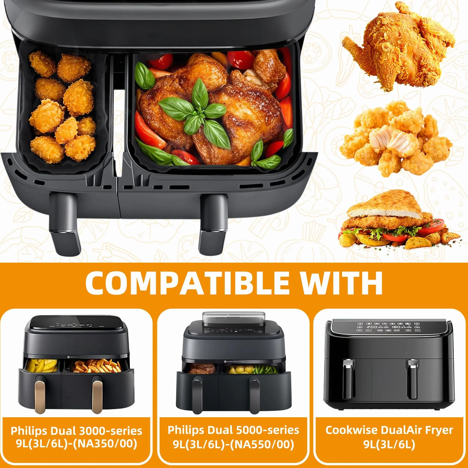 HONYAO Silikonowa Frytkownica Akcesoria do Philips Airfryer Dual Basket 3000 Series 9L NA350/00, 2 sztuki Akcesoria do Frytkownicy na Gorące Powietrze do Philips Steam Airfryer 5000 Series NA550/00