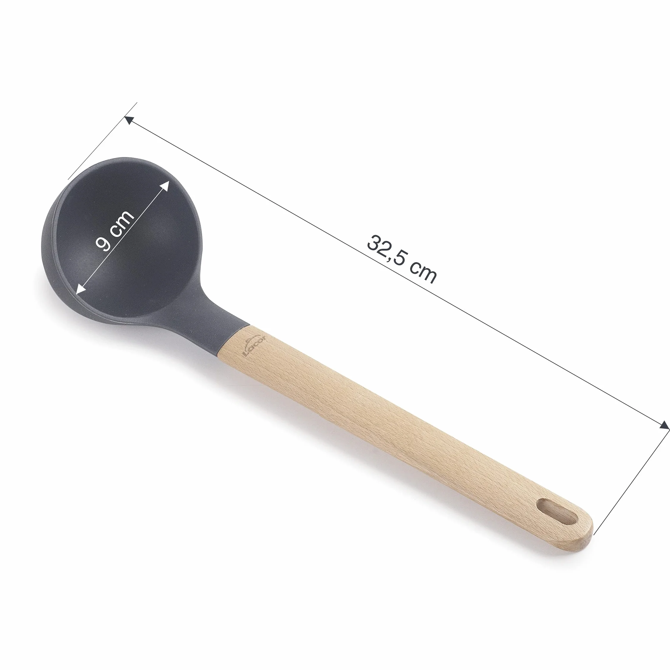 LACOR 68187 - Silikon Unite, Chochla do serwowania, rączka z drewna bukowego, nie szkodzi patelni, odporny na wysokie temperatury, wolny od BPA, Długość: 32,5 cm, Ø9 cm, 130 ml, szary