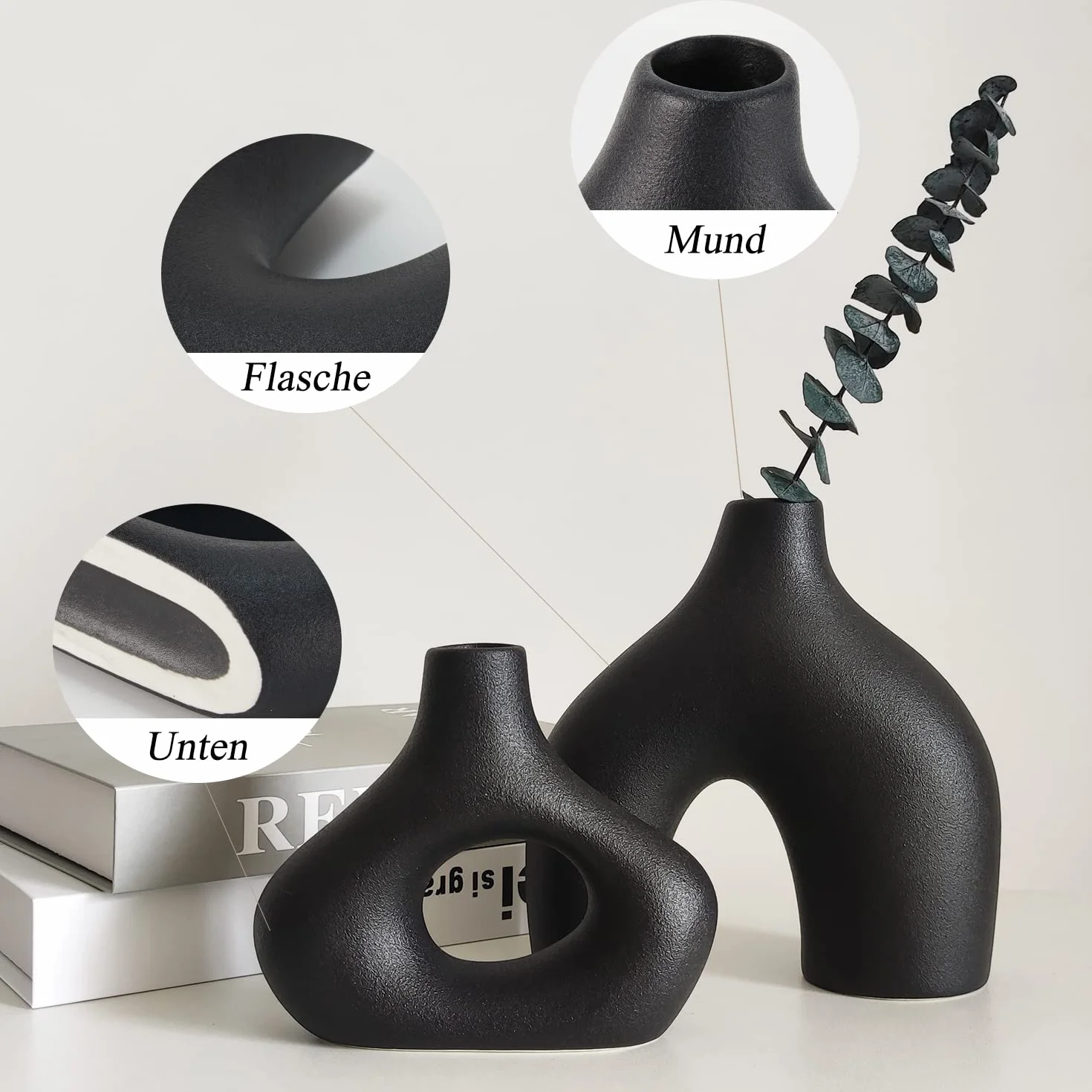 CEMABT Czarny Wazon Ceramiczny, 2-Częściowy Zestaw Podwójnych Wazonów do Nowoczesnego Stylu Boho i Nordyckiego Minimalizmu, Salonu, Wesela, Kolacji, Imprezy, Biura i Sypialni