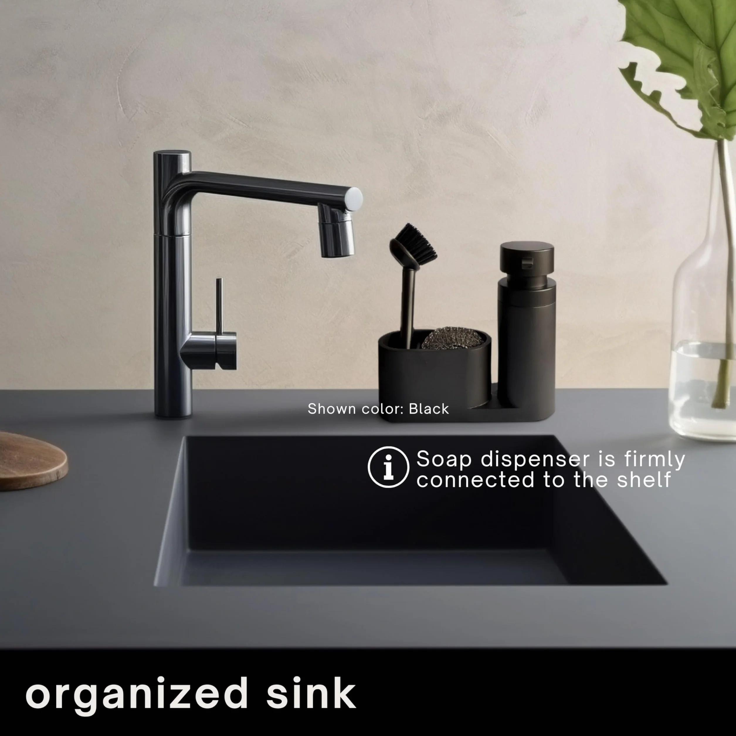 Black Sweden Home Designerski organizer do zlewozmywaka ze sztucznego kamienia ze szczotką i stalową gąbką – organizer kuchenny zestaw do zlewozmywaka czarny matowy – dozownik płynu do mycia naczyń