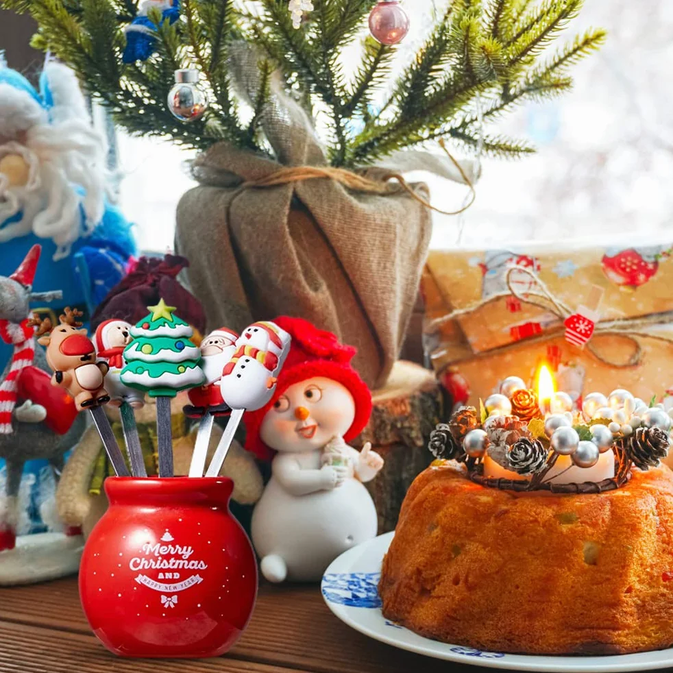 Świąteczny Silikonowy Widelec do Owoców, Widelec do Sałatek Bożonarodzeniowych ze Stali Nierdzewnej z Ceramicznym Uchwytem na Kubek Widelec do Owoców Wielokrotnego (SILVER)
