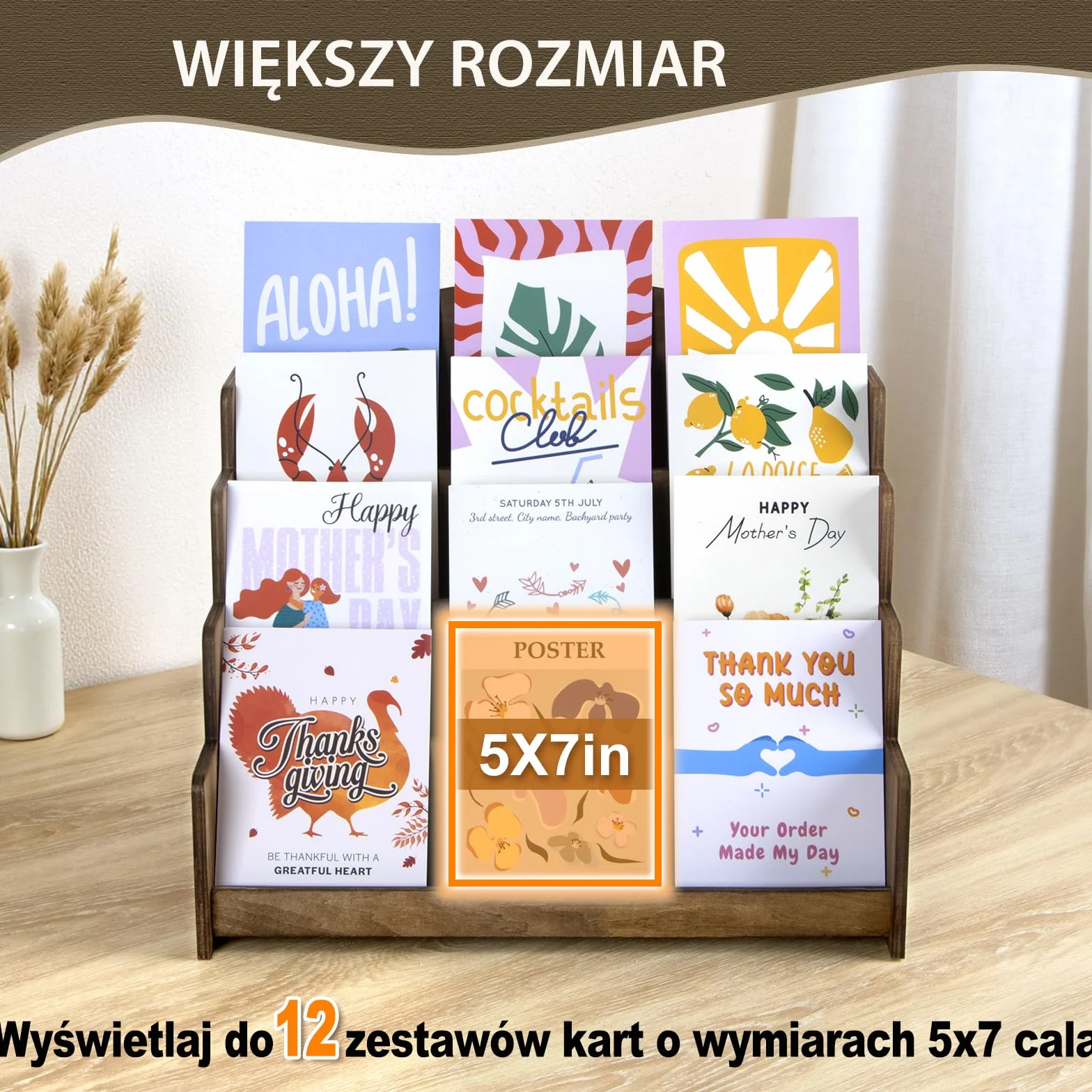PUERSI Houten Standaard voor Wenskaarten, Organizer en Opbergstandaard voor Ansichtkaarten en Stickers, Stojak na karty, stojak na kartki pocztowe, 4-Lagen Display voor Kaarten Brązowe