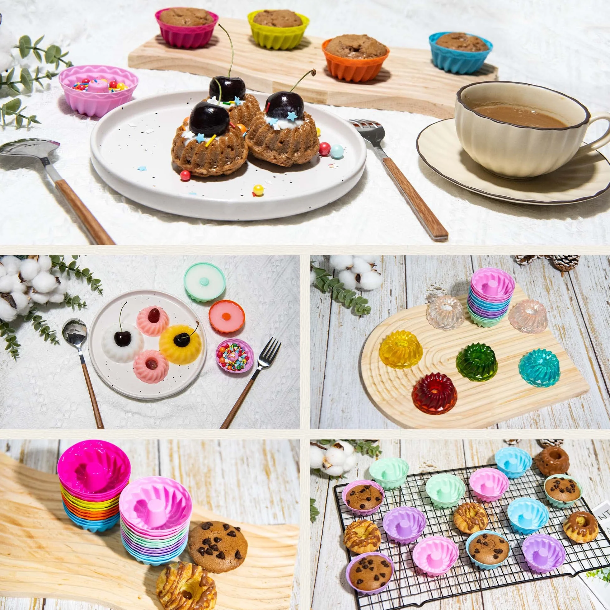 Zestaw 12 mini silikonowych foremek do kouglofa wielokrotnego użytku do muffinów, cupcake’ów, babeczek i mini kouglofów, Ø 8 cm, wysokość 5 cm