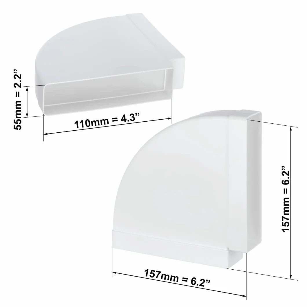 55 x 110 mm kolanko kanału 90° poziome do systemów wentylacyjnych kanału płaskiego. Kanał wylotowy lub kanał powietrza nawiewanego. Kątowa rura wylotowa kanał powietrza