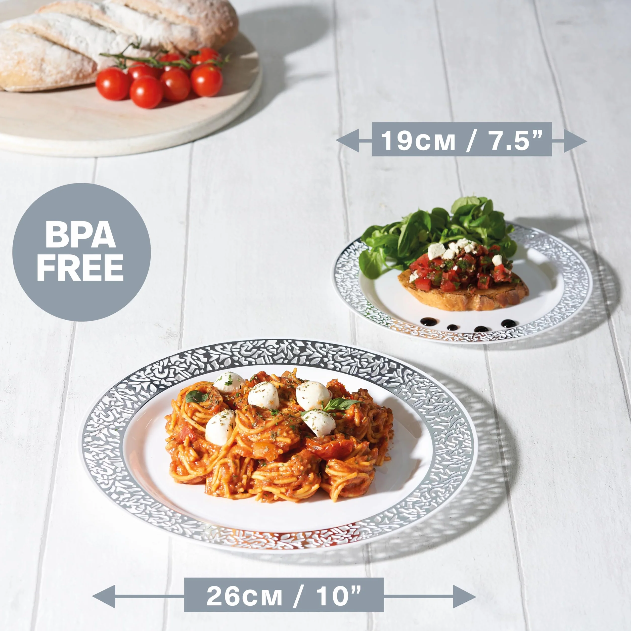 MATANA talerze plastikowe białe ze srebrną krawędzią 40 sztuk 2 rozmiary 24 cm 18 cm