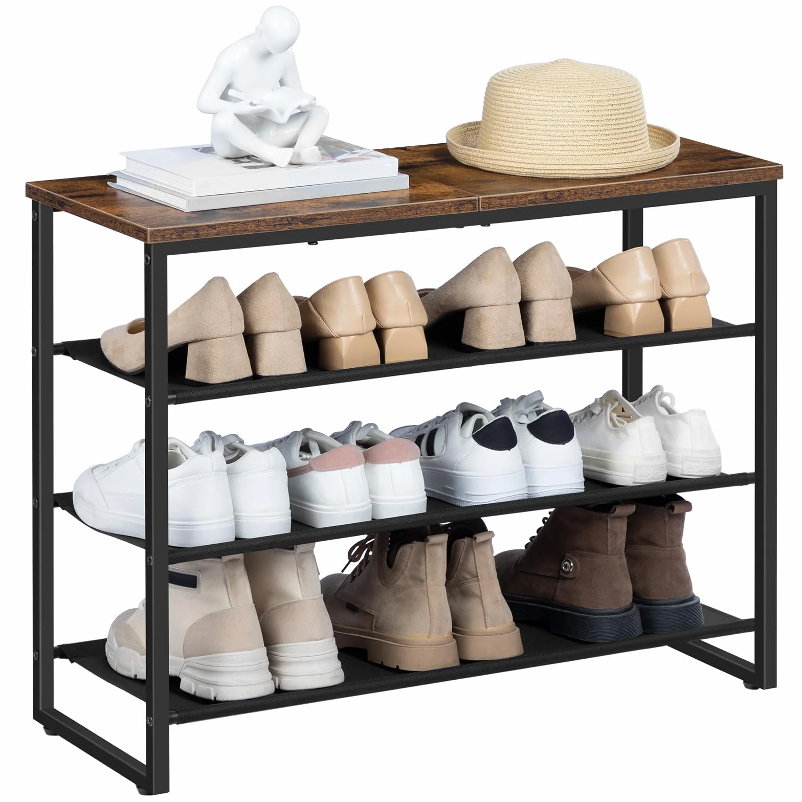 HOOBRO Stojak na buty, 4-poziomowy organizer do przechowywania butów z 3 półkami z tkaniny Oxford i górnym panelem, mieści 12-16 par butów do przedpokoju i szafy, industrialny, rustykalny brązowy