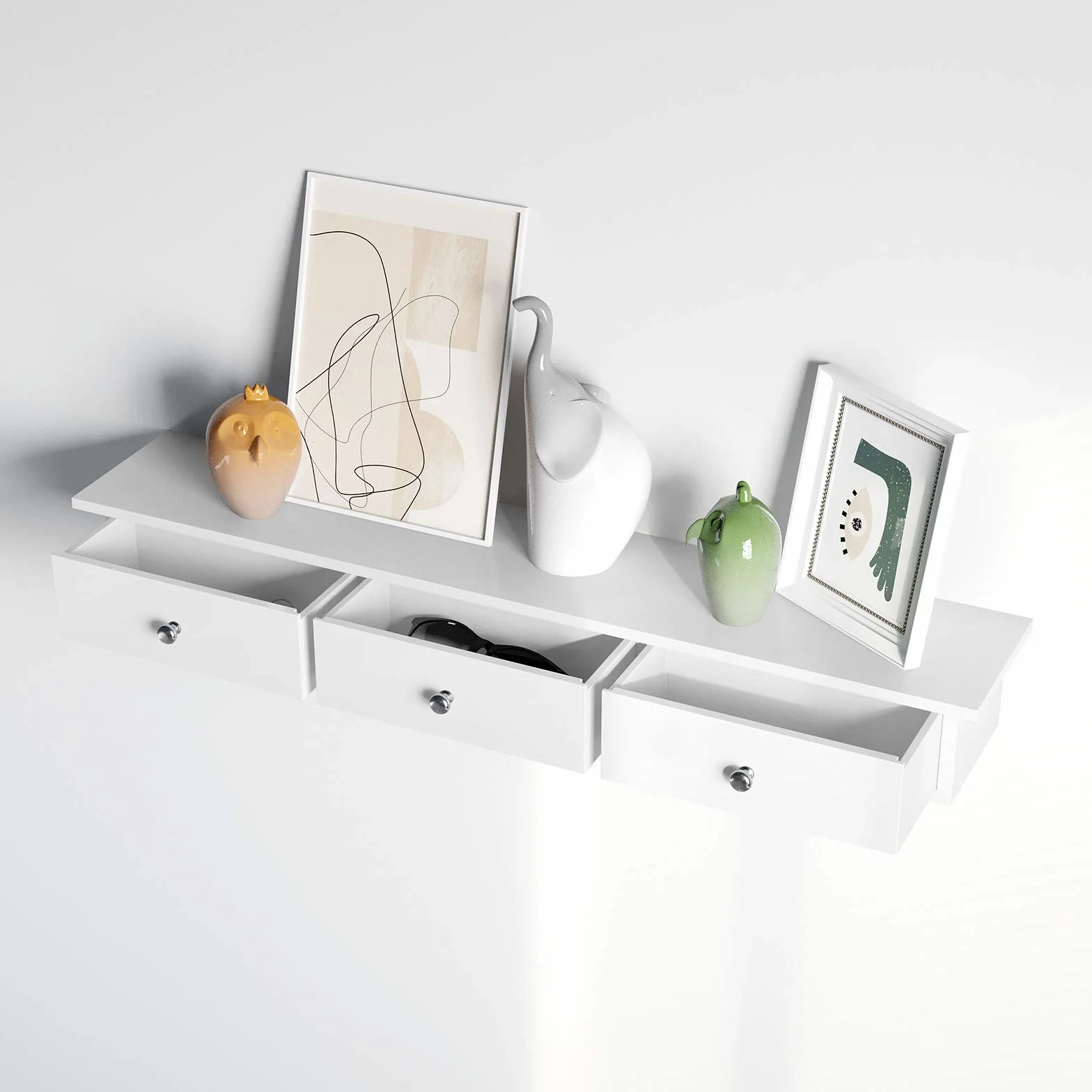 SONGMICS Regał ścienny z 3 szufladami, szafka ścienna, 80 x 15 x 10 cm, do korytarza, salonu, sypialni, kuchni, malowania o wysokim połysku, biały LWS085W01