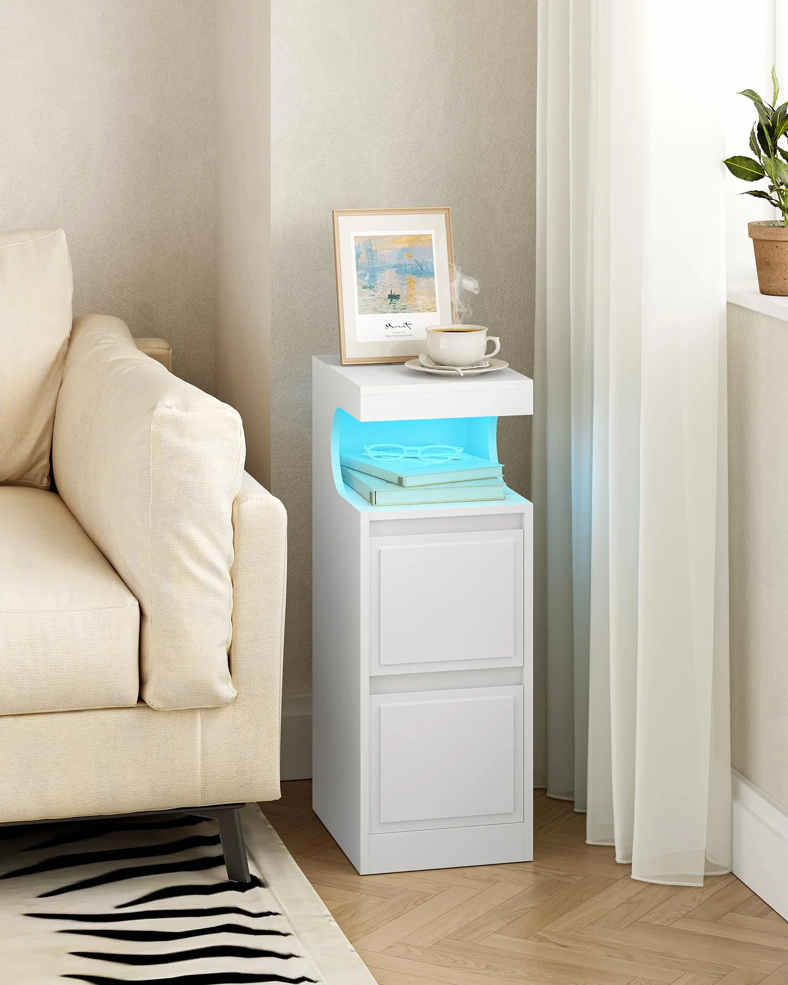 Hzuaneri Stolik Nocny z LED, Stolik Nocny z 2 Szufladami, Stolika Nocnego z otwartą Komorą w kształcie Litery U, Regulowane oświetlenie, do Sypialni, Salonu, 30 x 24 x 65 cm Biały NS39113X