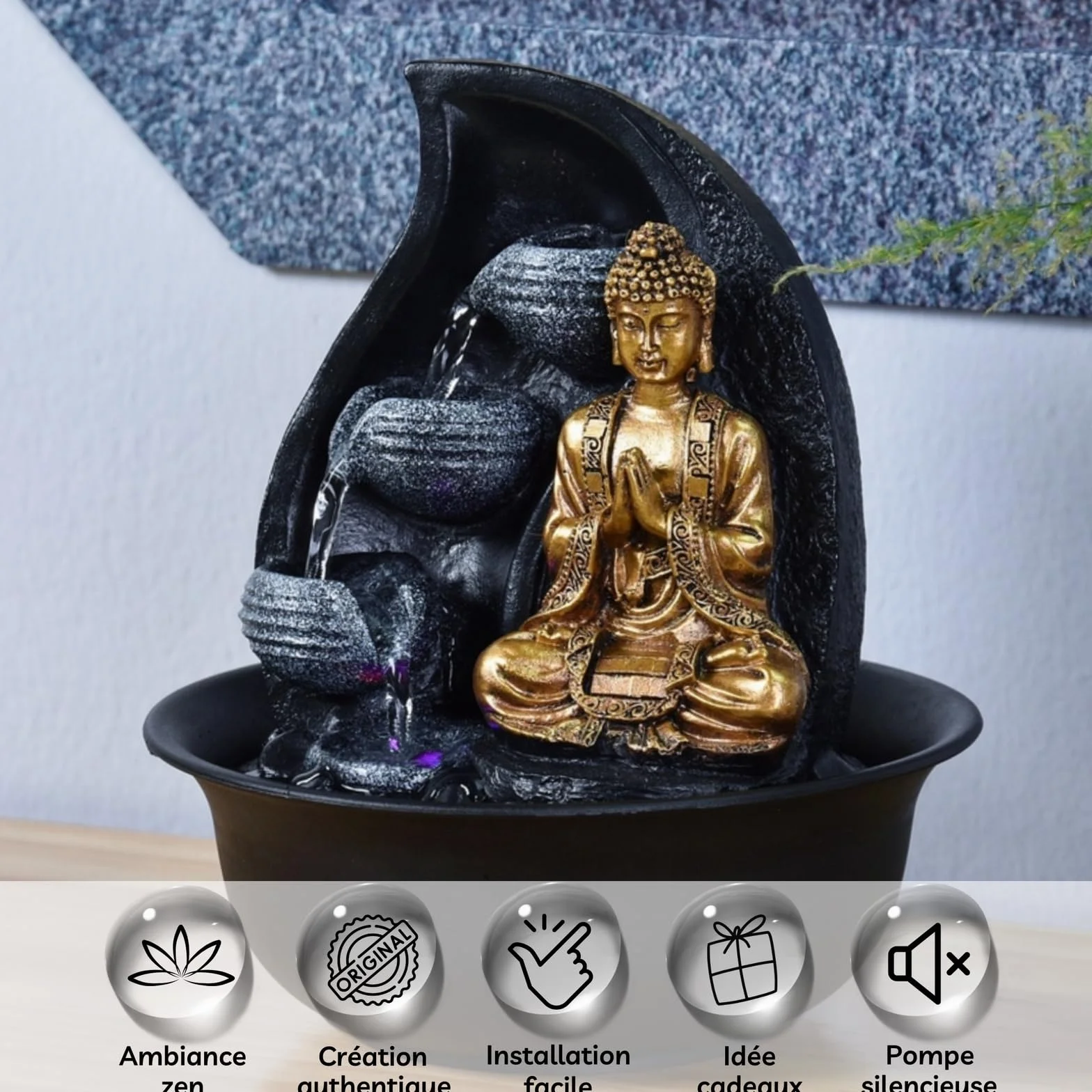 Fontanna Buddy Praya - Wyjmowana fontanna Buddy - Egzotyczna dekoracja Zen - Prezenty - Fontanna stołowa Światło LED - Obwód zamknięty - Brązowy i złoty - H 26 cm - Zen'Light