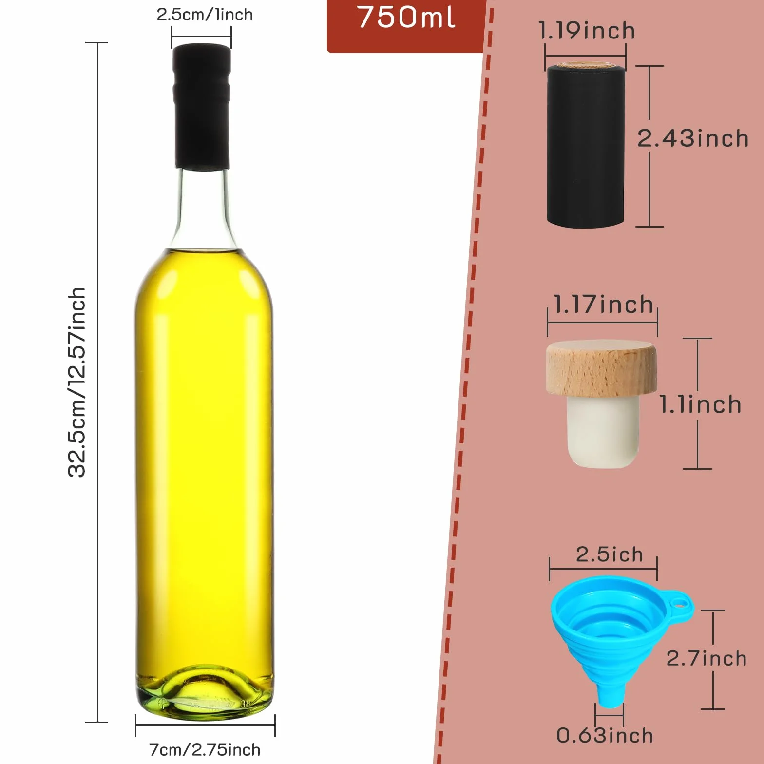 Szklane butelki 750 ml z pokrywkami korkowymi i kapsułkami termokurczliwymi do wina, soku, napojów