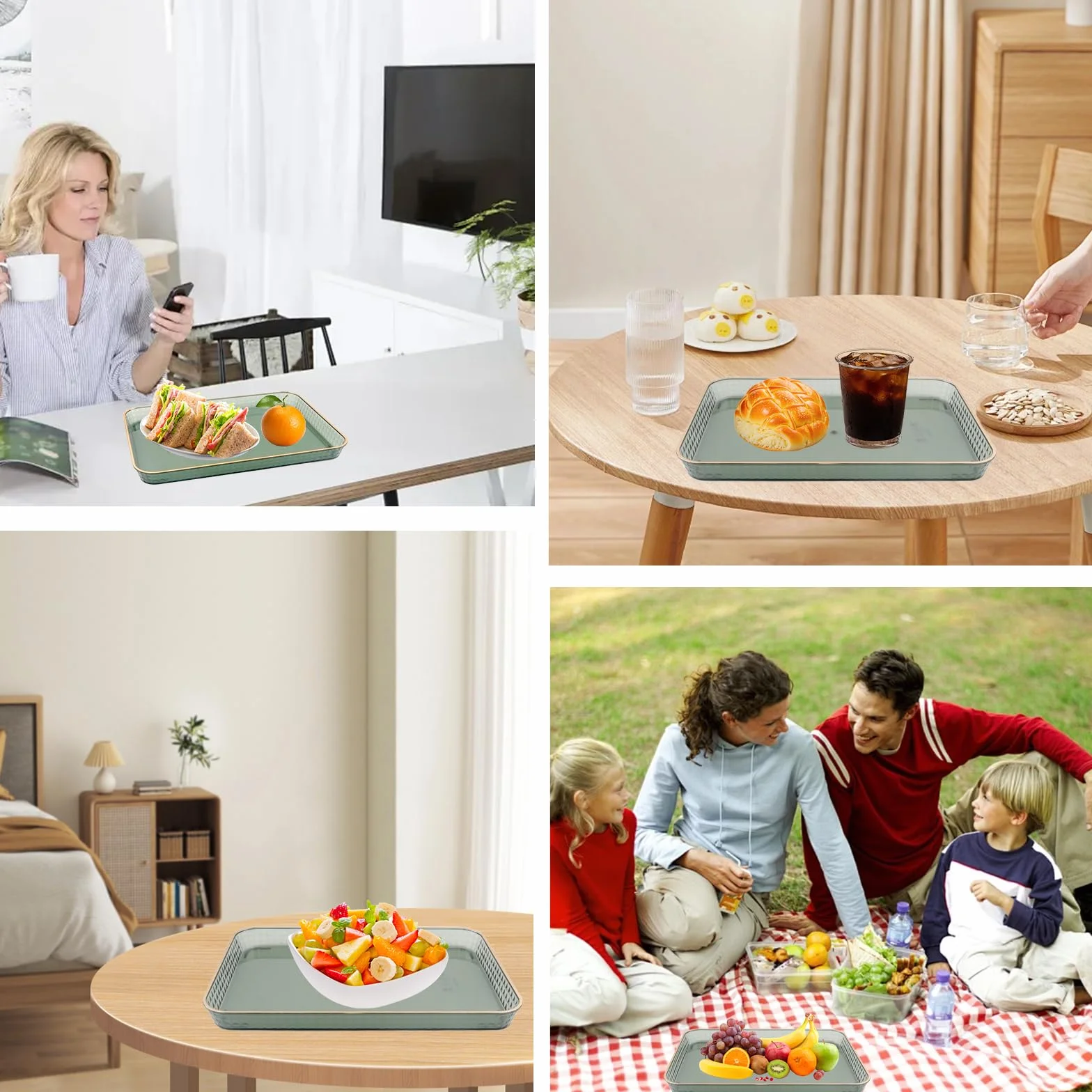 2 sztuki, prostokątna taca do serwowania, taca kuchenna fast food, taca śniadaniowa, tacka do serwowania przekąsek, tacka hotelowa, zielona taca gastronomiczna, złota krawędź, talerze do serwowania