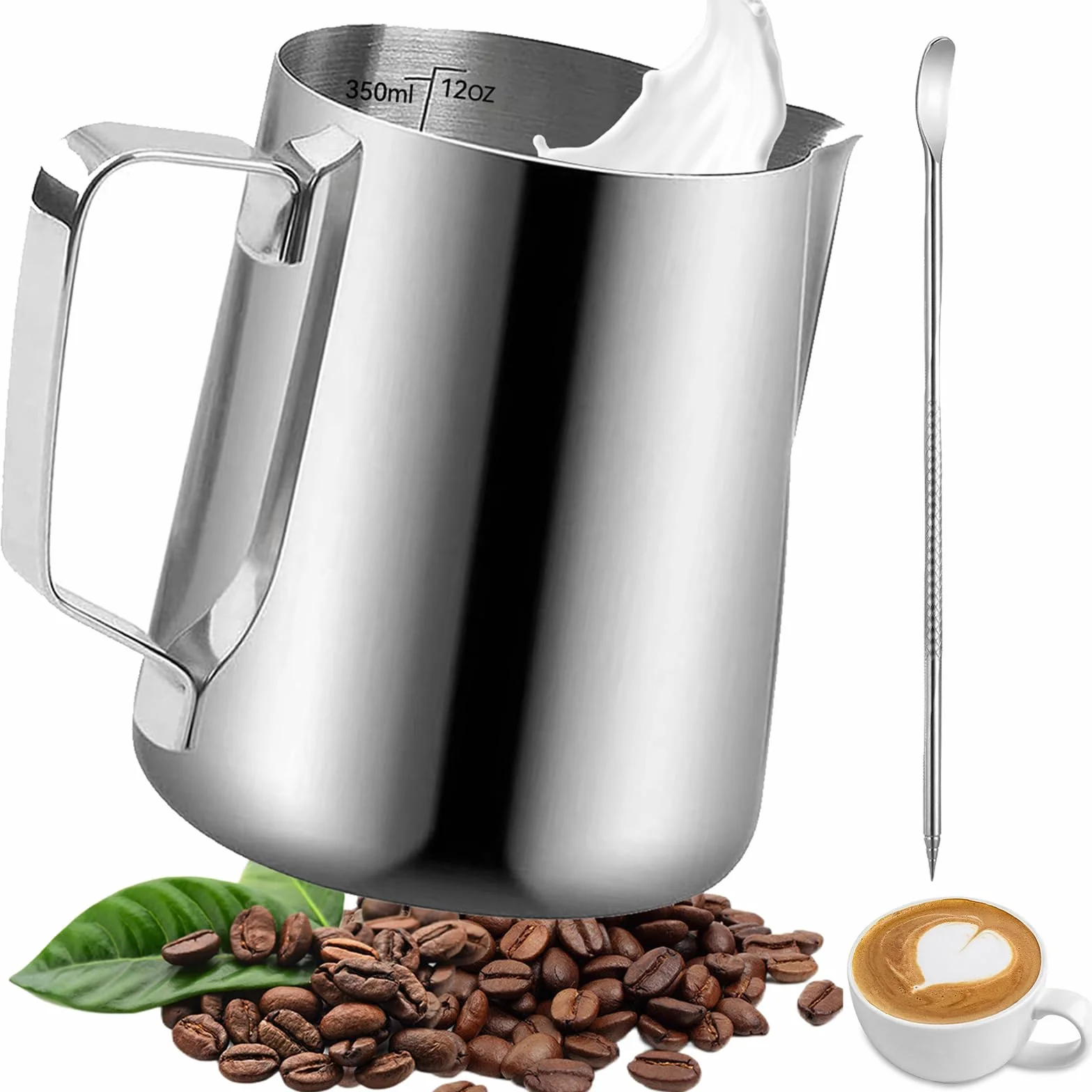 350 ml Dzbanek do Spieniania Mleka, Dzbanek do mleka ze stali nierdzewnej, latte dekorowanie pióro artystyczne, Dzbanek na Mleko z Miarką dla Baristy, Espresso, Latte Art, Idealny dla Miłośników Kawy