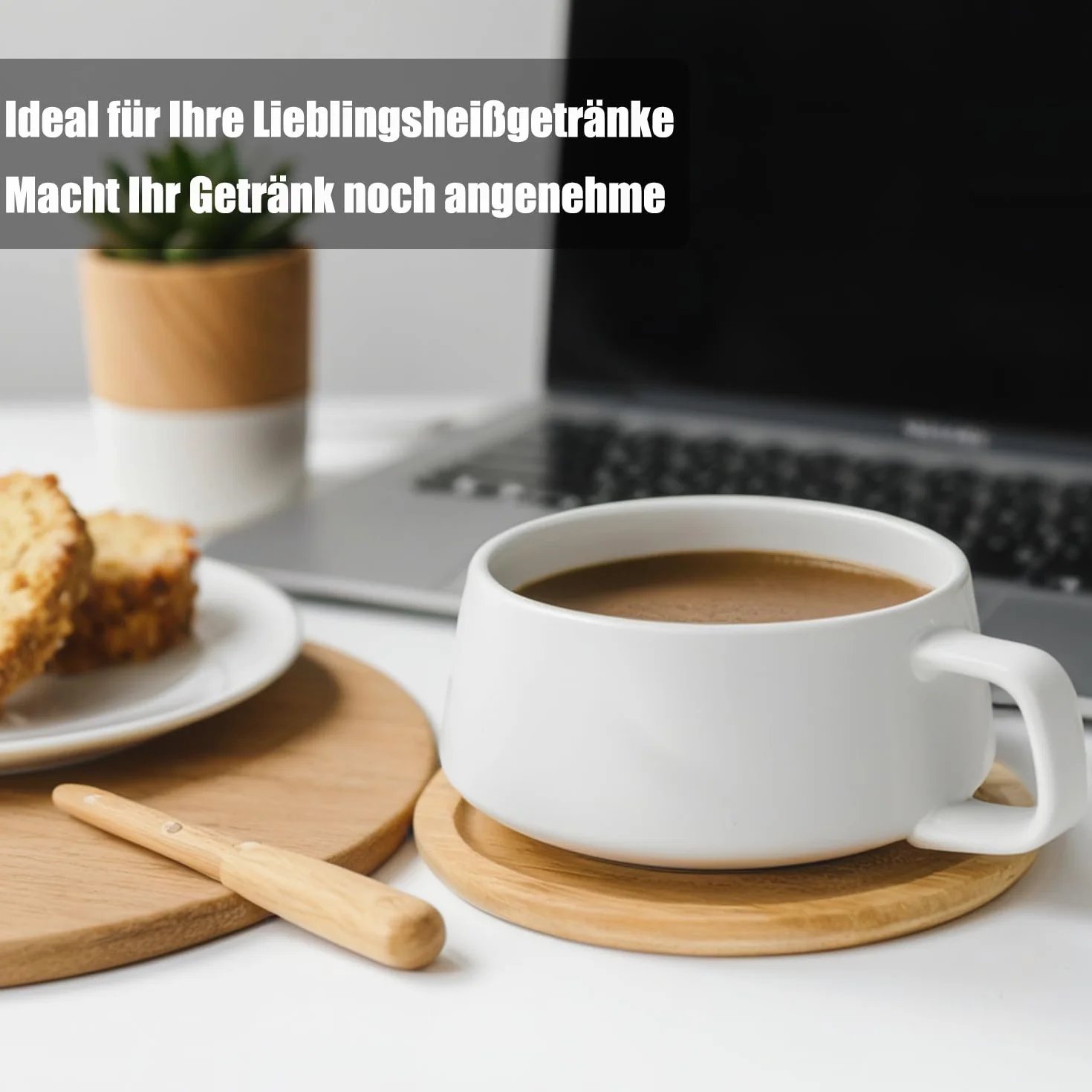 VETIN komplet filiżanek do cappuccino porcelanowych marmurowych 300 ml z drewnianym krążkiem 4 sztuki