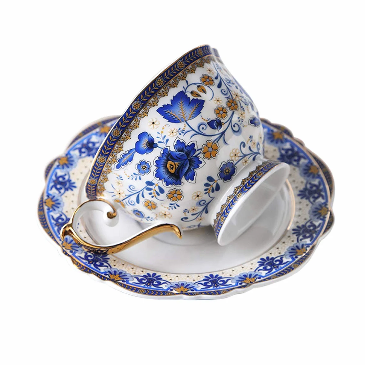 fanquare Filiżanka i spodek z chińskiej porcelany z motywem niebieskich kwiatów, vintage, porcelanowa filiżanka do kawy, 200 ml