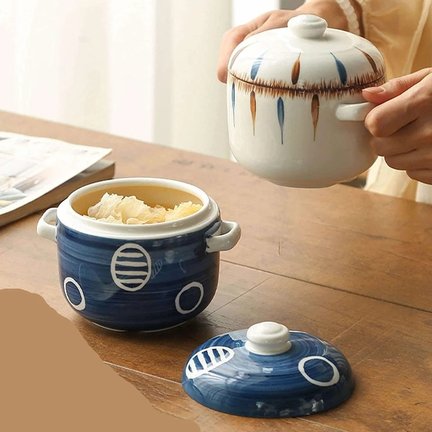 Ceramic Soup Mug 500ml with Lid and Handle, Onion Soup Bowl, Breakfast Bowl Blue