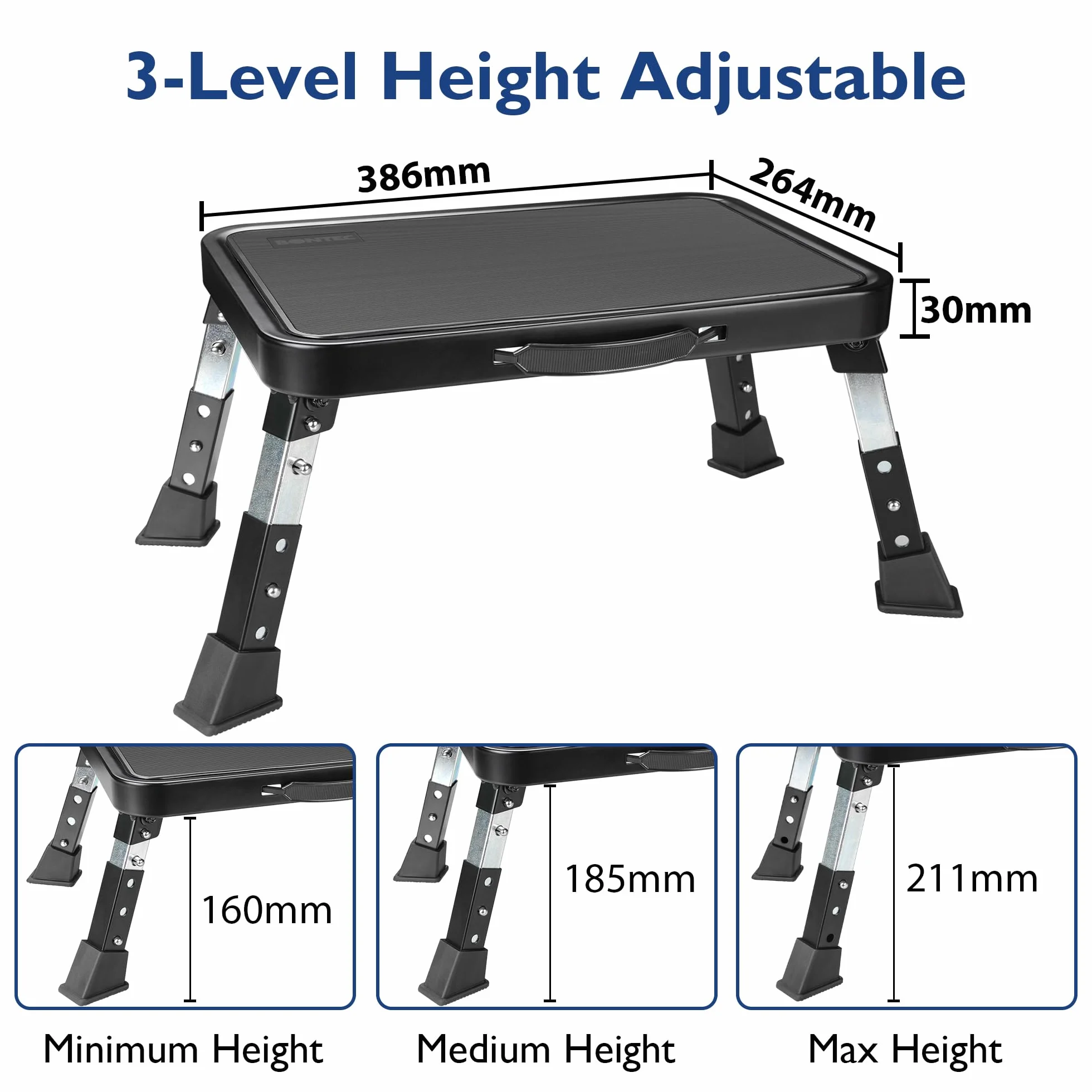 BONTEC Taburete Plegable 3 Niveles Ajustable en Altura, Soporta 330 Libras, Antideslizante
