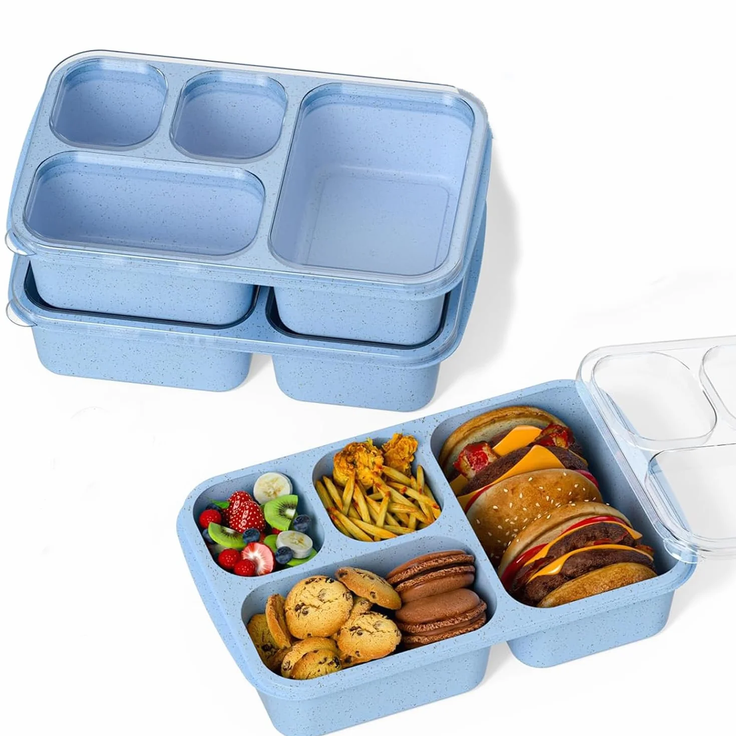 Pudełka na przekąski (3 sztuki), pudełka na lunch Bento wielokrotnego użytku z 3 przegródkami, dla dzieci i dorosłych, podzielone pojemniki do przechowywania żywności, do szkoły, pracy