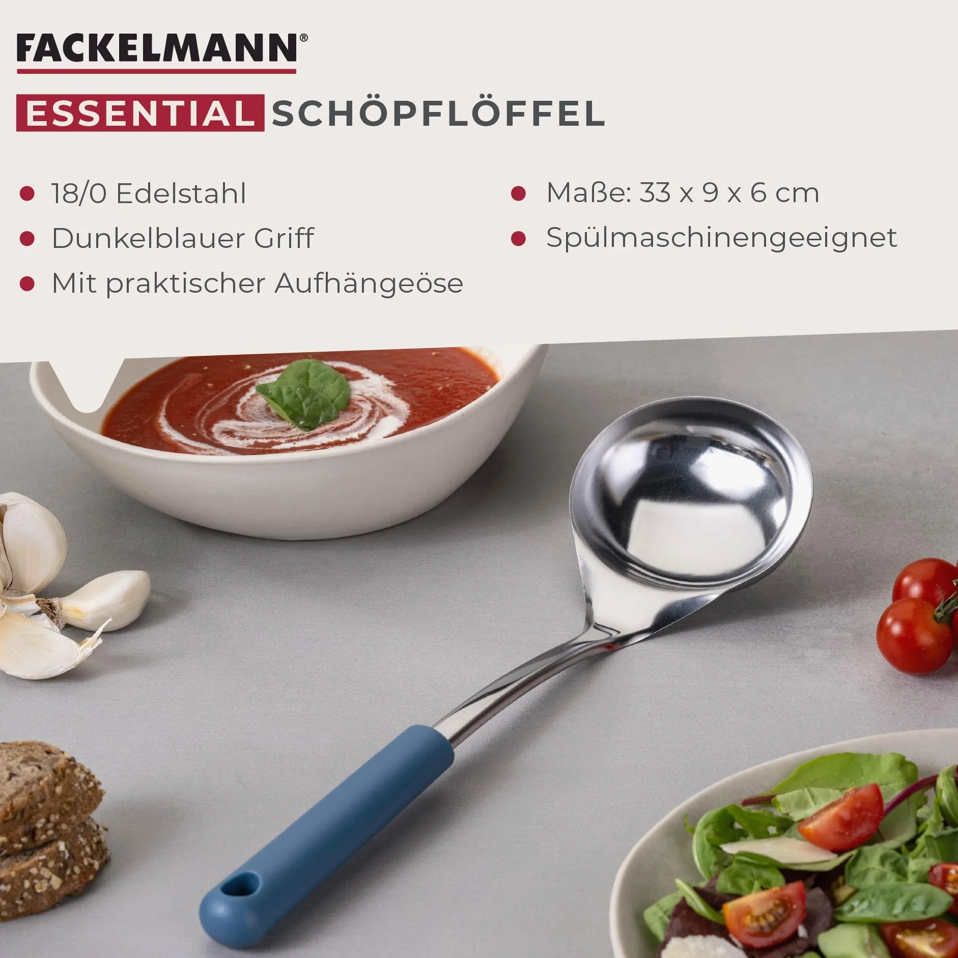 Fackelmann Chochla Essential ze stali nierdzewnej z ciemnoniebieskim uchwytem – optymalna do serwowania zup i dań jednogarnkowych, nadaje się do mycia w zmywarce