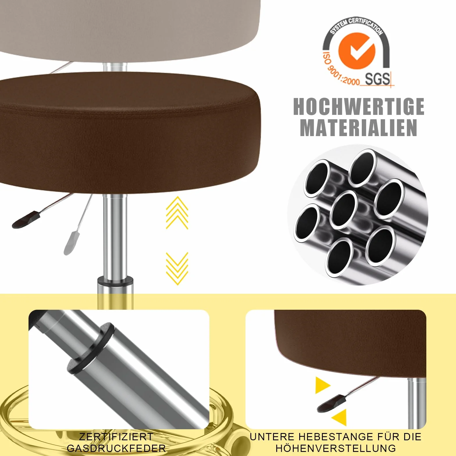 Taboret obrotowy z regulacją wysokości 43-57 cm na kółkach z podnóżkiem, skóra PU