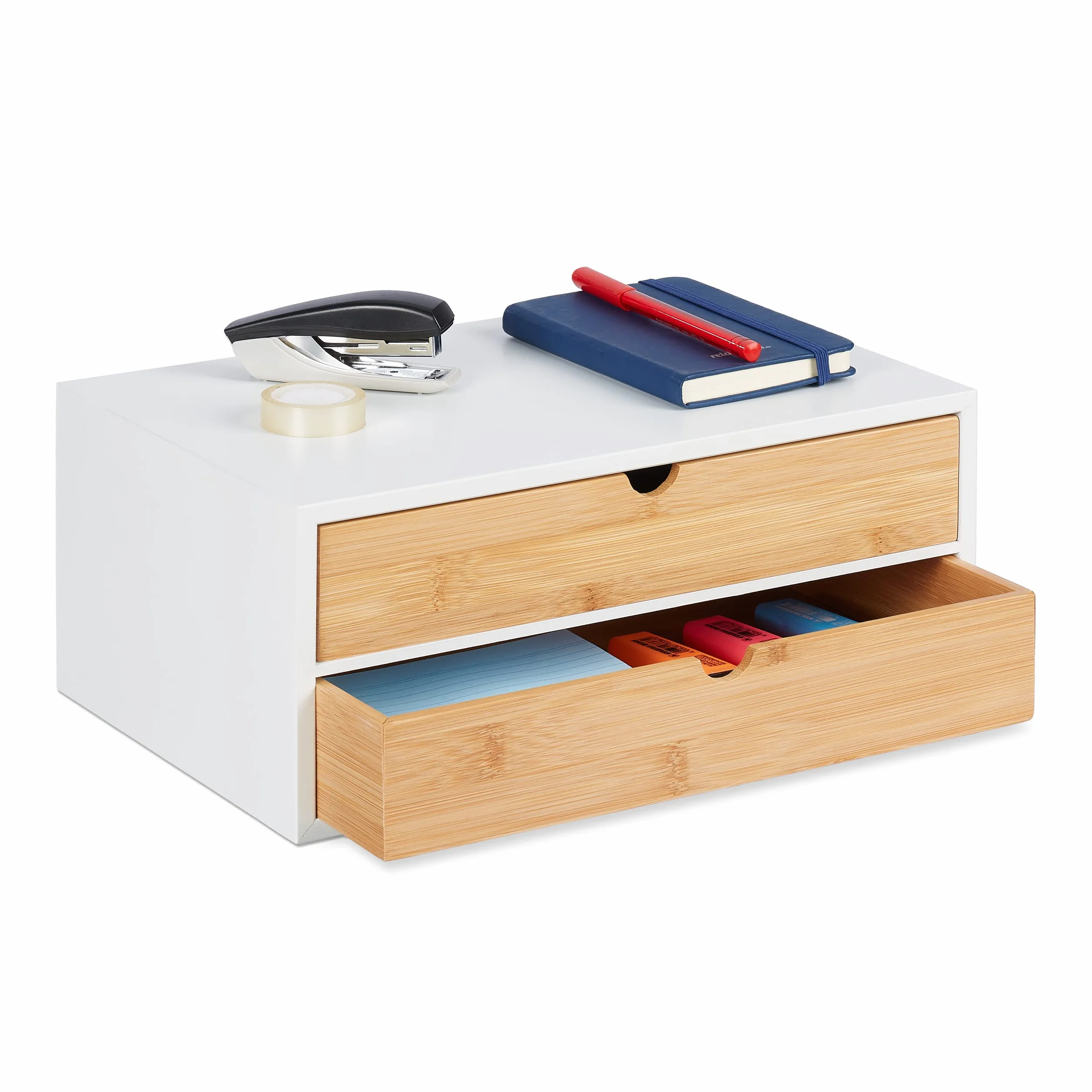Relaxdays Skrzynka z szufladami, bambus i MDF, mini komoda 2 szuflady, wys. x szer. x gł.: 14 x 33 x 21 cm, organizer na biurko, biały/naturalny, 10039329