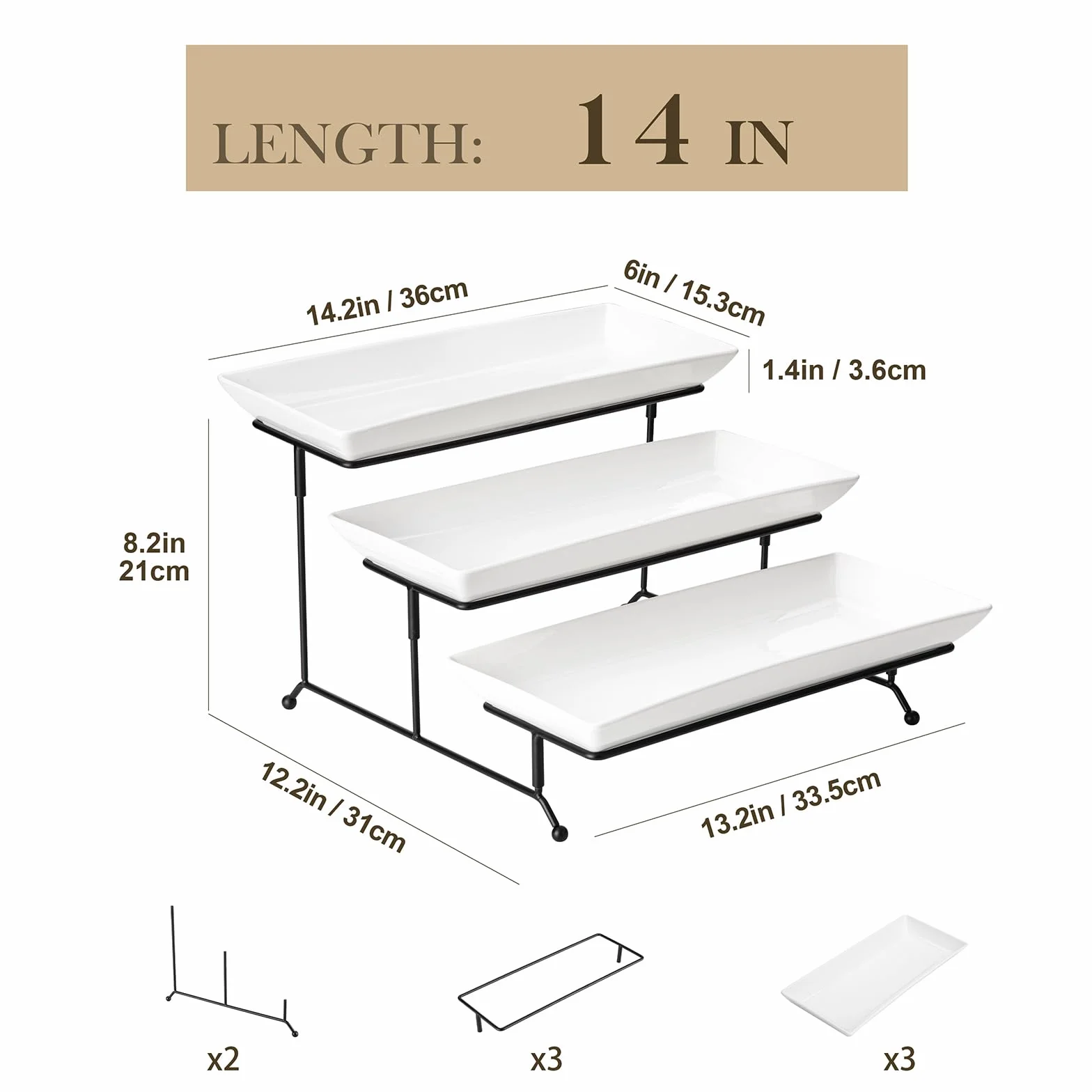 Malacasa etażerka 3-poziomowa 35,6 cm porcelanowy stojak na ciasto z czarną metalową podstawką