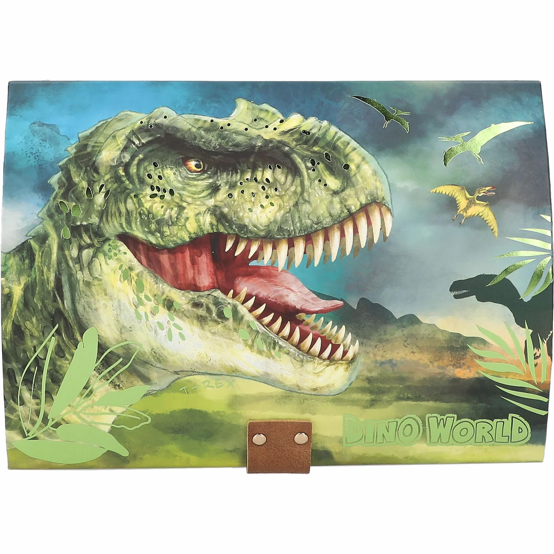 Depesche 12115 Dino World - Skrzynia skarbów z kodem, dźwiękiem i światłem, ok. 15 x 20 x 12,5 cm, pudełko na małe skarby i sekrety