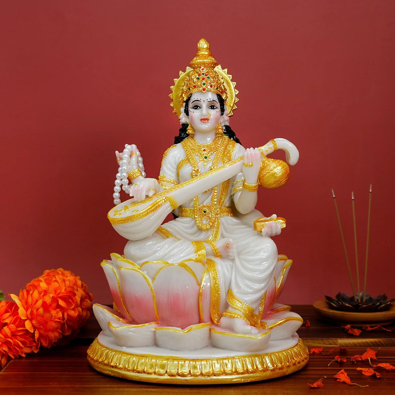Hinduska bogini Saraswati statua - 21 cm H marmur wygląd duży indyjski idol Saraswati figurka Indie Diwali Murti Pooja rzeźba dom biuro świątynia Mandir Puja przedmiot ołtarz świątynia duchowa