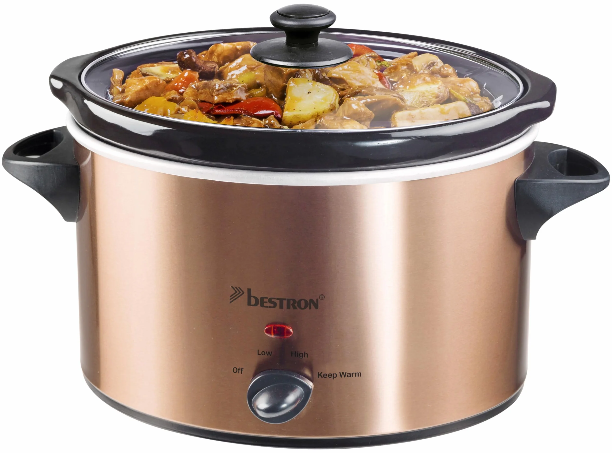 Bestron Slowcooker dla 4 osób, wolnowar z ceramiczną patelnią i szklaną pokrywką, 3-stopniowy termostat, idealny do wielu potraw, takich jak mięso, zupy i warzywa, 3,5 litra, Copper Collection, kolor: