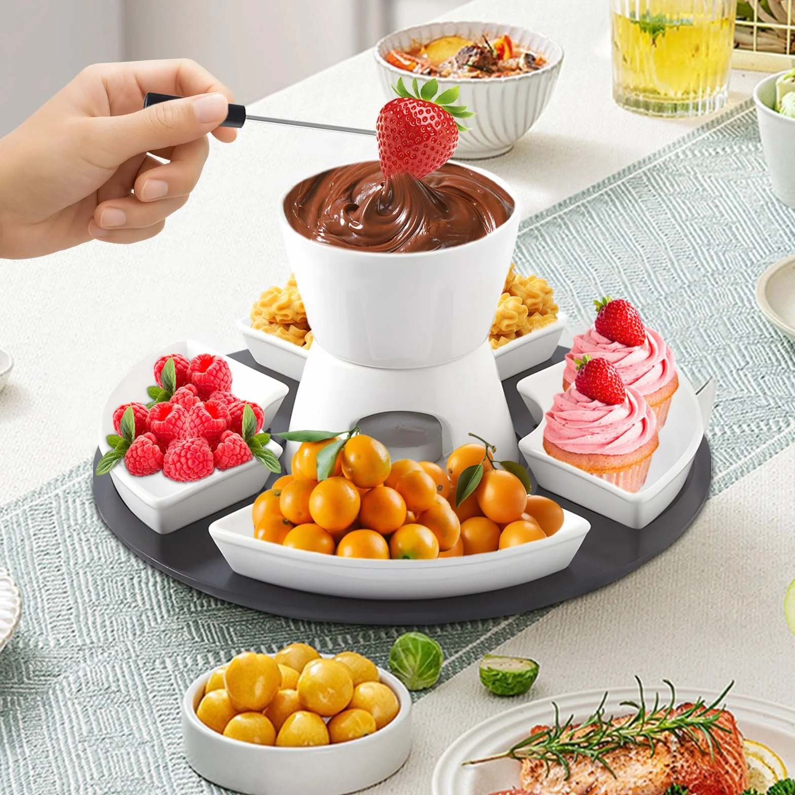 Ceramiczny zestaw do fondue czekoladowego z drewnianą paletą 4 talerze
