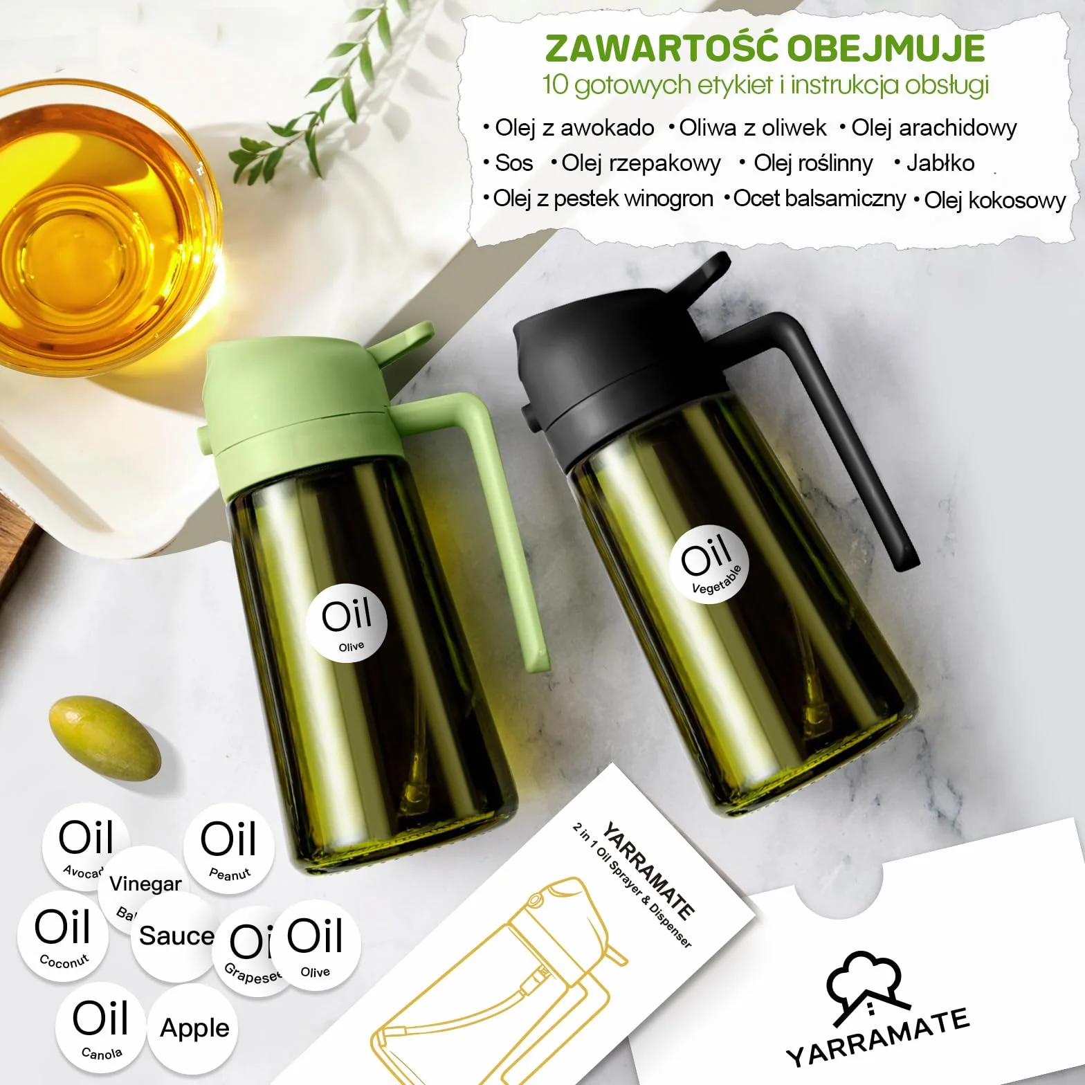 YARRAMATE blokujący światło rozpylacz ciemnego oleju do gotowania, 2 w 1 spryskiwacz do oleju do gotowania, 470 ml szklana na olej, 2 w 1 zielona butelka na olej (zielony)