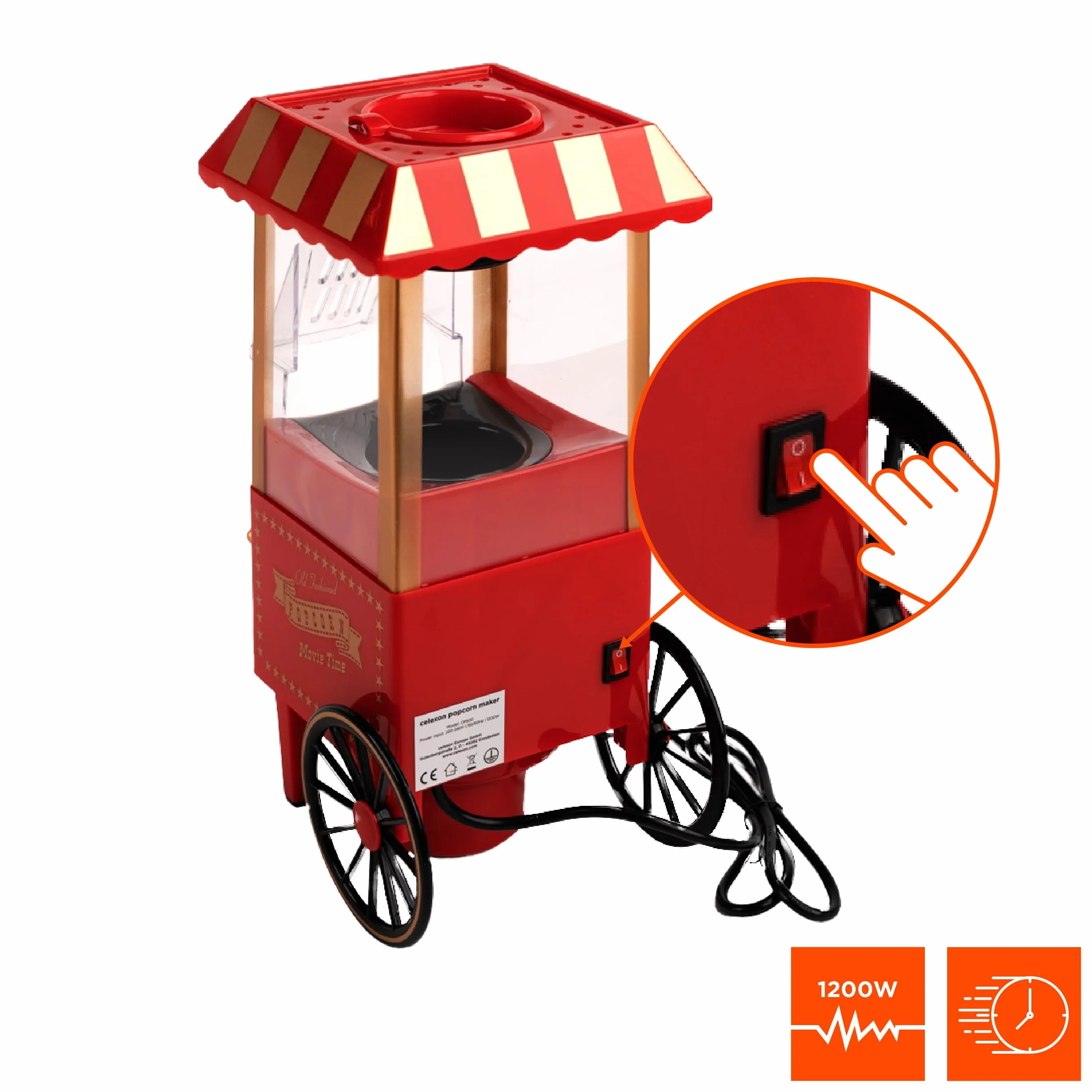 celexon CinePop CP500 maszyna do popcornu 24x19x39,5 cm czerwony retro bez oleju