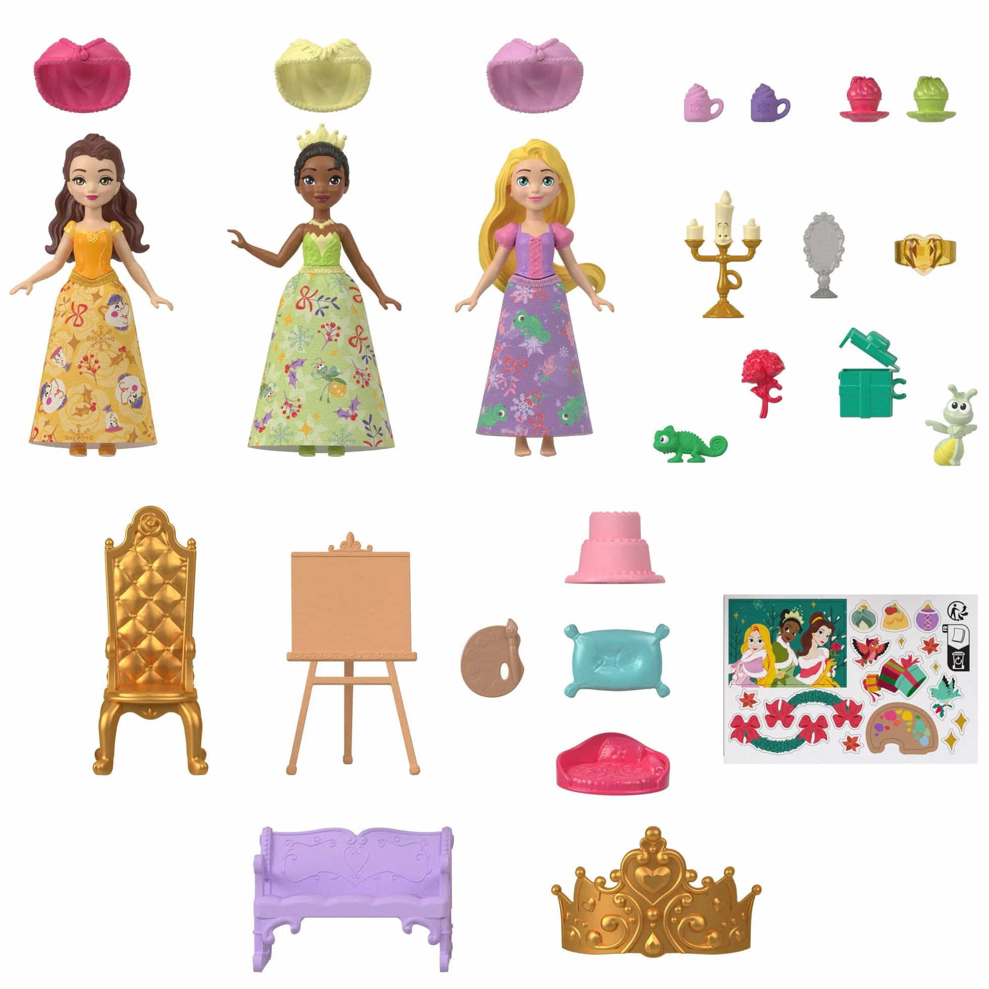 Mattel Disney Princess Kalendarz adwentowy 24 niespodzianek 3 lalki 3 figurki 22 akcesoria zestaw zabawek JFG79
