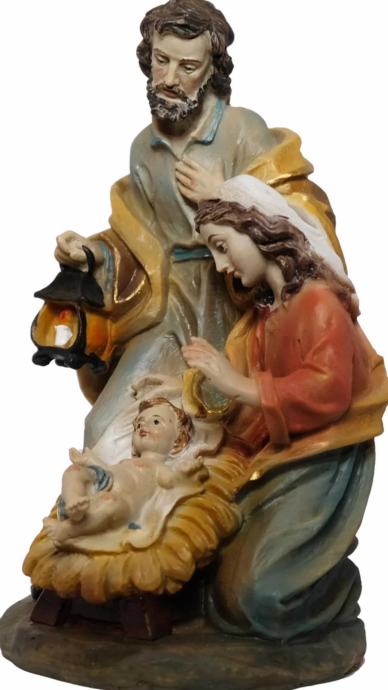 Szopka bożonarodzeniowa Święta Rodzina, barokowa, ręcznie malowana figurka, 14 cm, sztuczny kamień, żywica poliestrowa